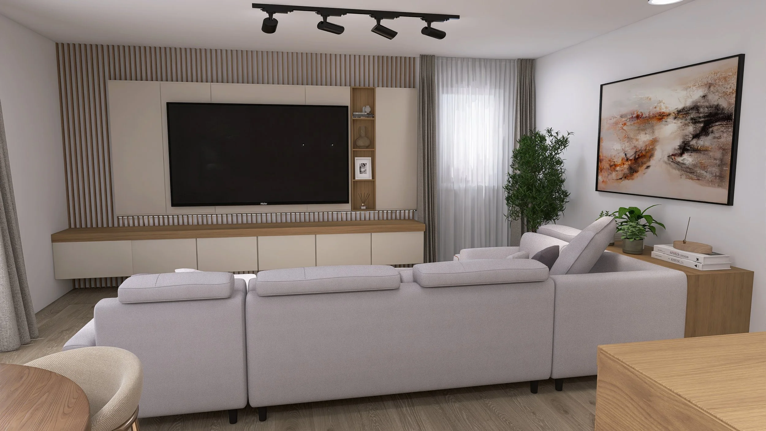 Modern living room with gray sectional sofa, wooden side tables, large flat-screen TV on wall with wooden slat design, abstract art on wall, window with sheer curtains, and green plants.