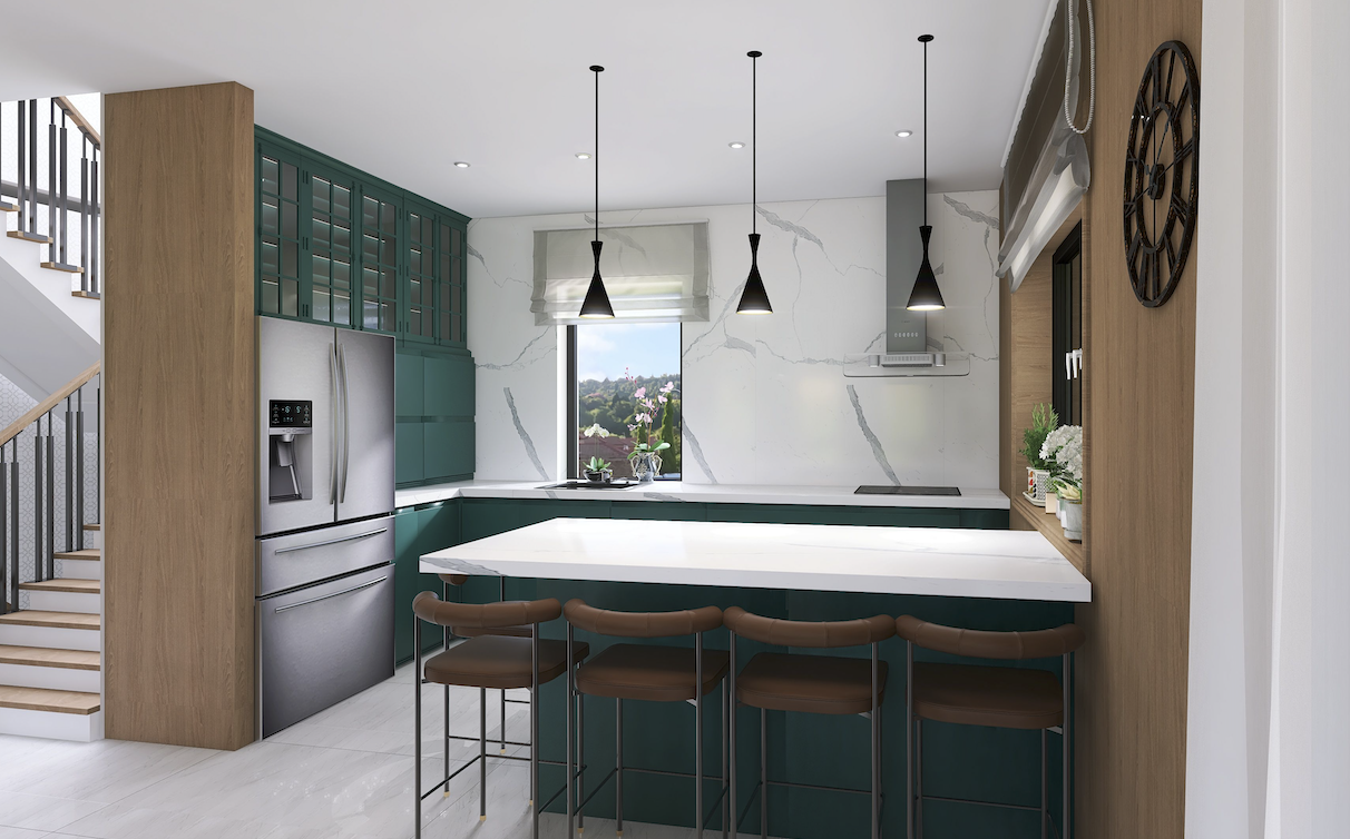 Modern kitchen with green cabinets, white marble backsplash, and a white countertop island with four brown bar stools. Features a double-door stainless steel refrigerator, black pendant lights, and a window with a view of trees.