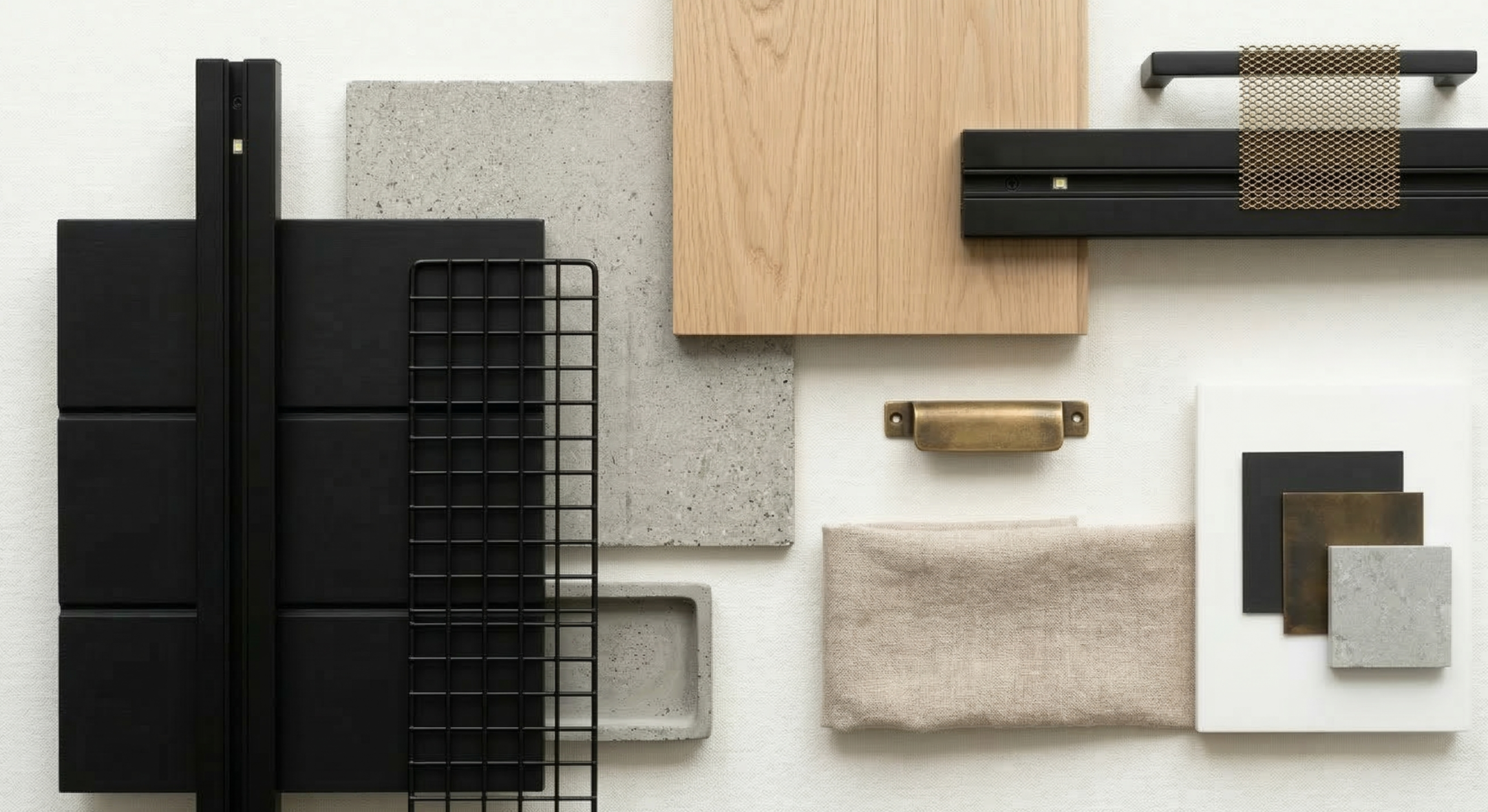 A flat lay of various interior design material samples, including tiles, wood pieces, fabric swatches, and metal accents, arranged on a light background.