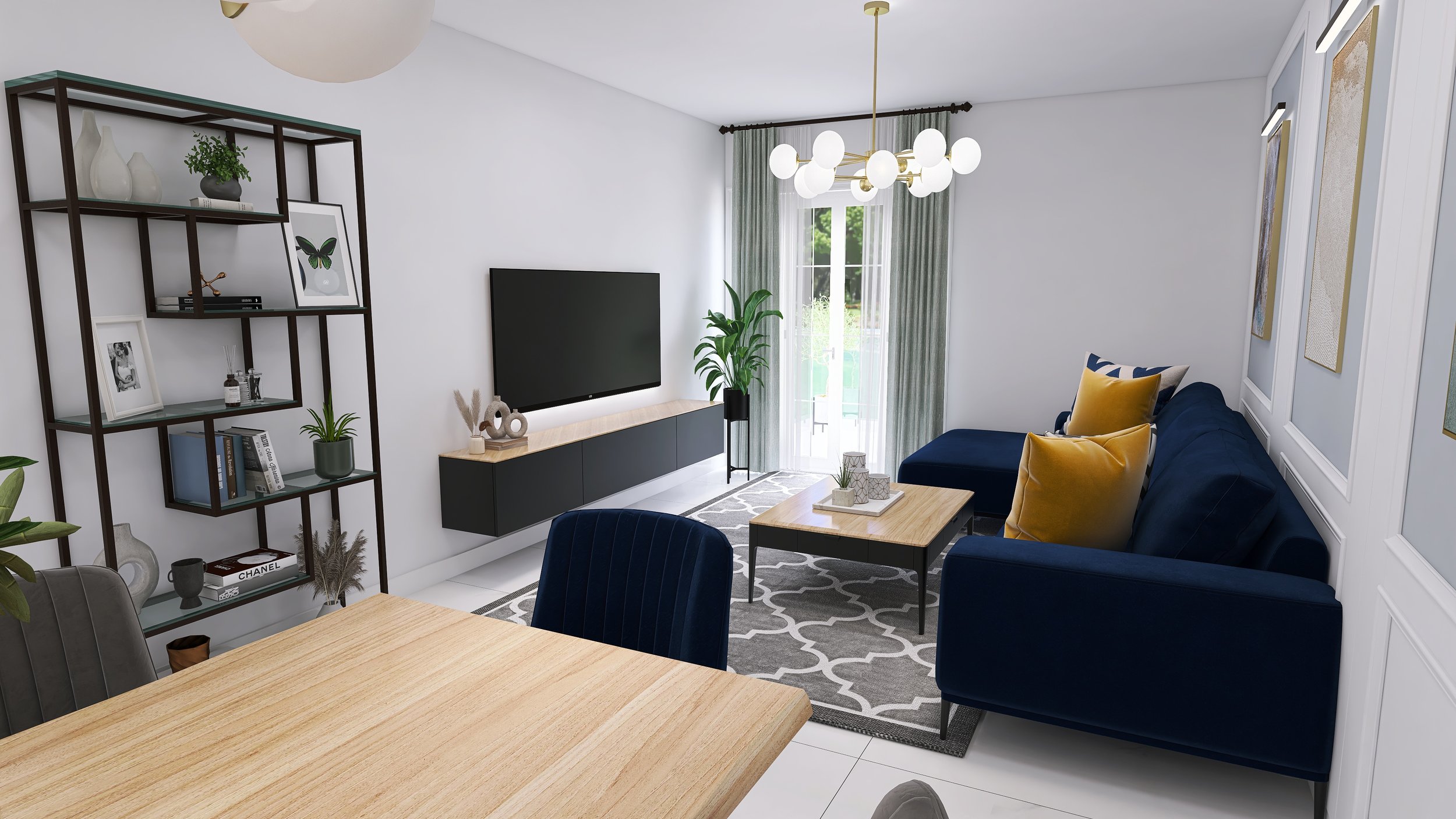 Modern living room with navy blue sofa, yellow pillows, glass door with green curtains, wall-mounted TV, wooden coffee table, decorative art, plants, and a bookshelf.