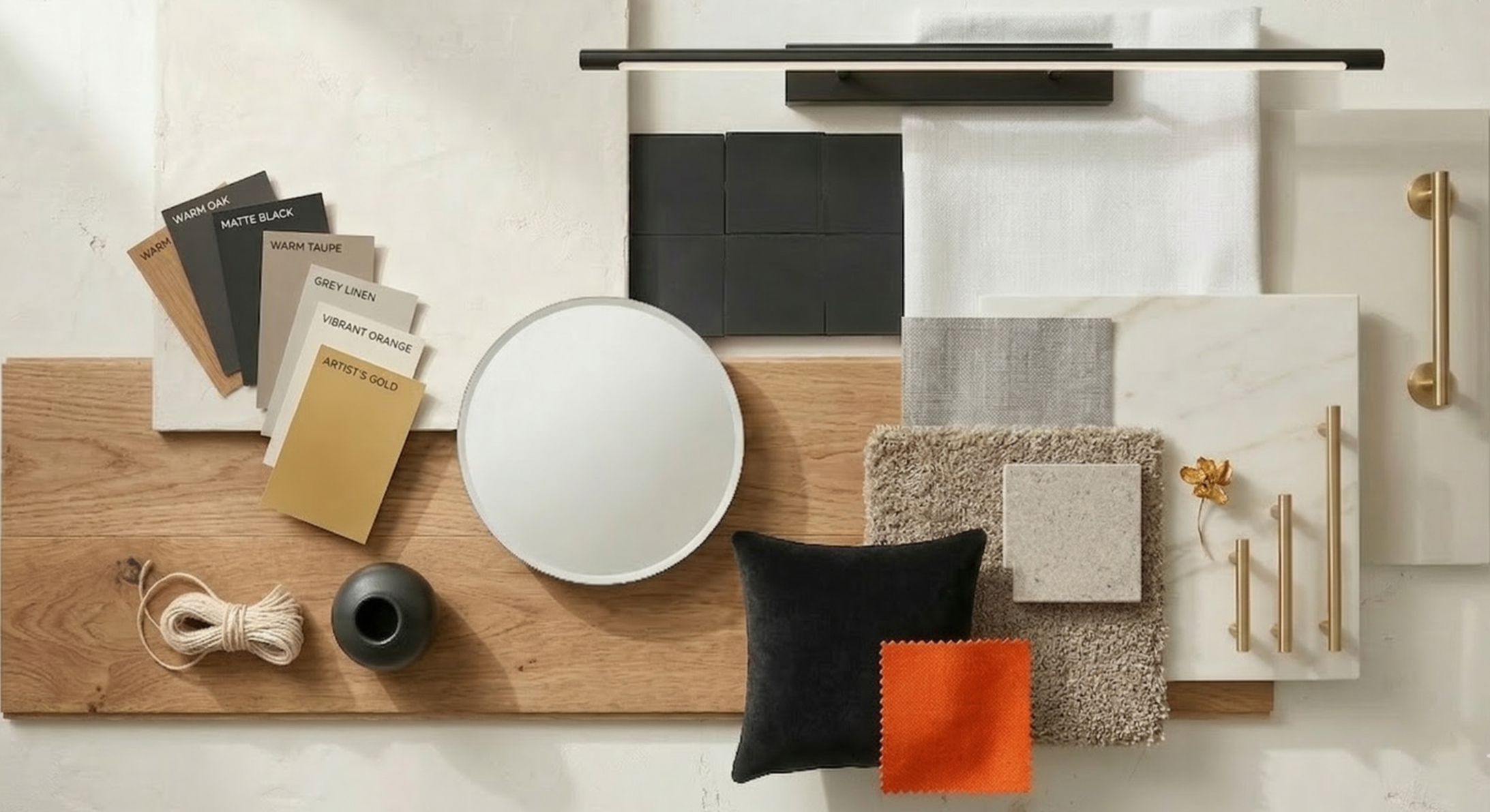Interior design materials and color palette samples on a wooden surface, including paint color cards, fabric swatches, a mirror, a black vase, and various hardware pieces.
