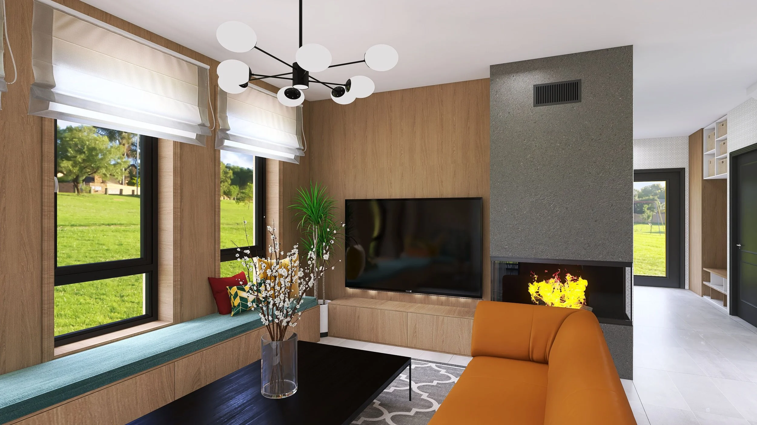 Modern living room with wood-paneled walls, large windows with white Roman shades, a black TV on a wooden console, a cozy yellow-orange sofa, a black coffee table with a vase of white flowers, a green plant, a geometric rug, and a fireplace with visible flames.