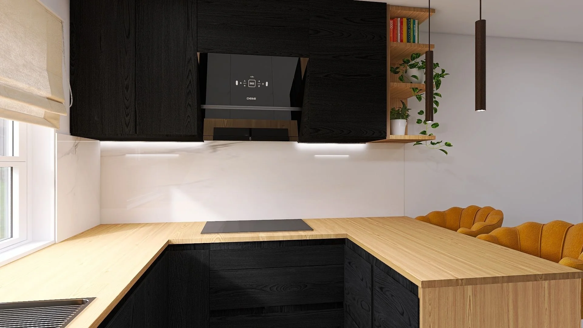 Modern kitchen with black cabinets, wooden countertop, white backsplash, potted plants, books, and mustard yellow chairs.