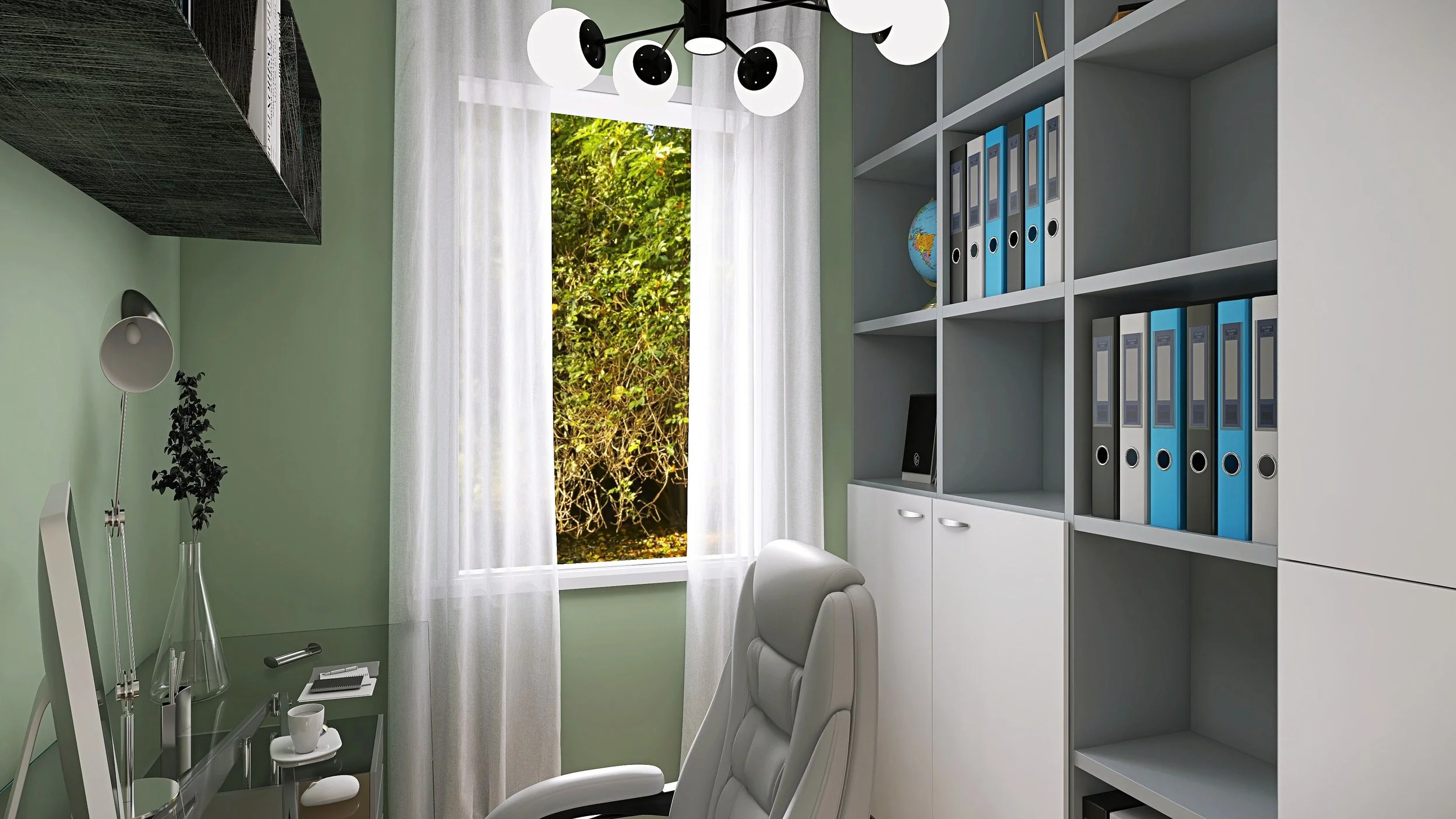 Office room with a white chair, bookshelf with blue and black binders, window with white curtains, green wall, floor lamp with black stand, and ceiling light fixture with multiple globes.