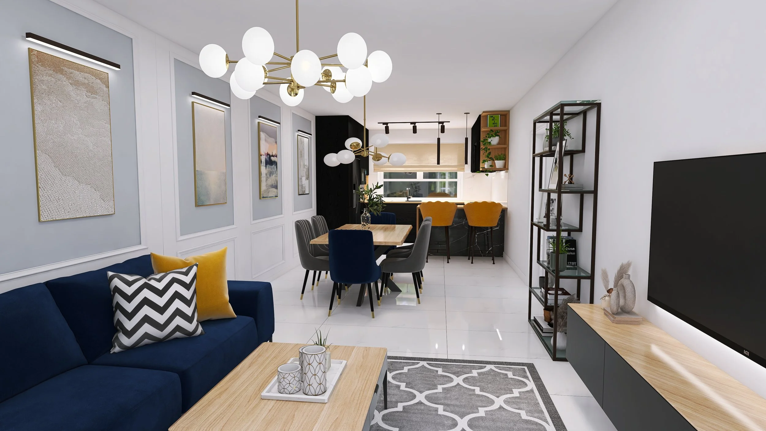 Modern living room and dining area with a navy blue sofa, yellow and chevron patterned pillows, a wooden coffee table with decorative candles, a black and gold chandelier, a dining table with gray and blue chairs, a shelving unit, and a flatscreen TV.