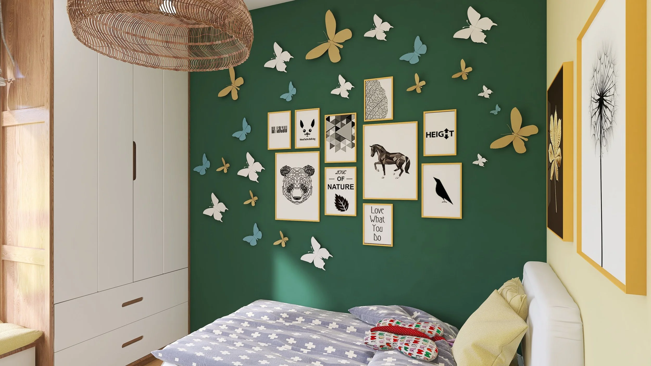 A bedroom with a green accent wall decorated with butterfly wall art and framed prints, some featuring animals and nature themes. The bed has a patterned blanket and colorful stuffed animals, with a white headboard and a yellow pillow. To the right, a large framed dandelion illustration hangs on a yellow wall.