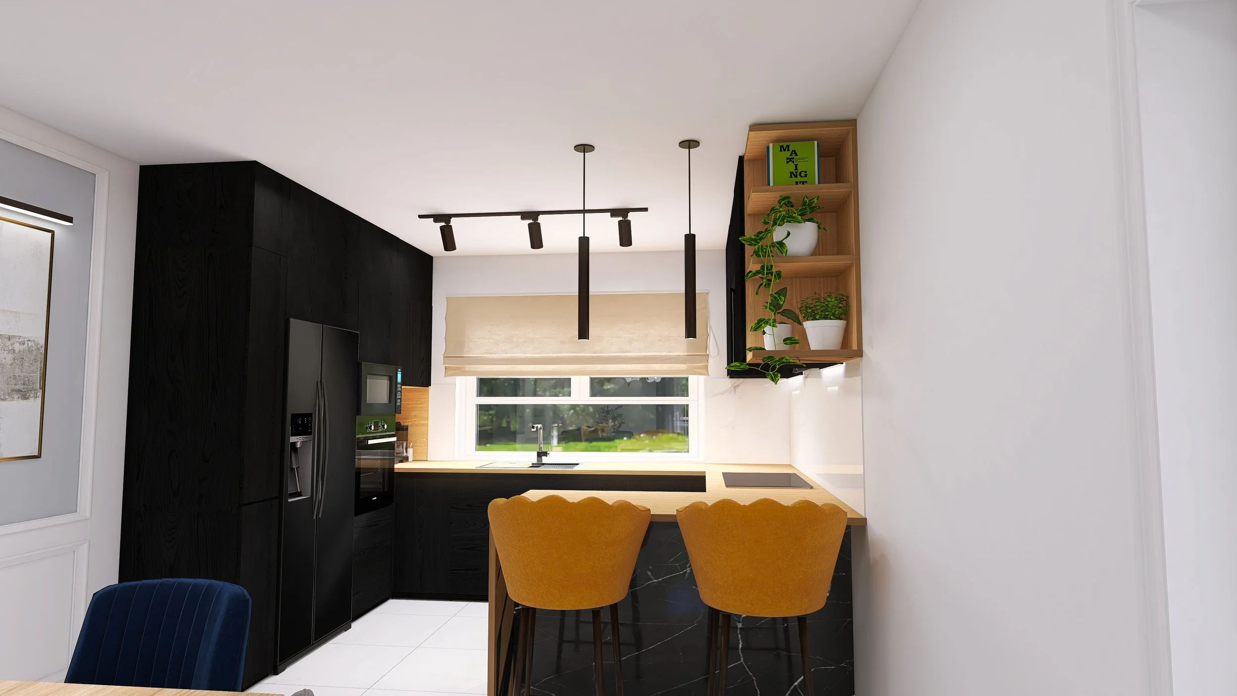 Modern kitchen with black cabinets, wooden shelves with potted plants, beige window shade, and two mustard-colored bar stools.