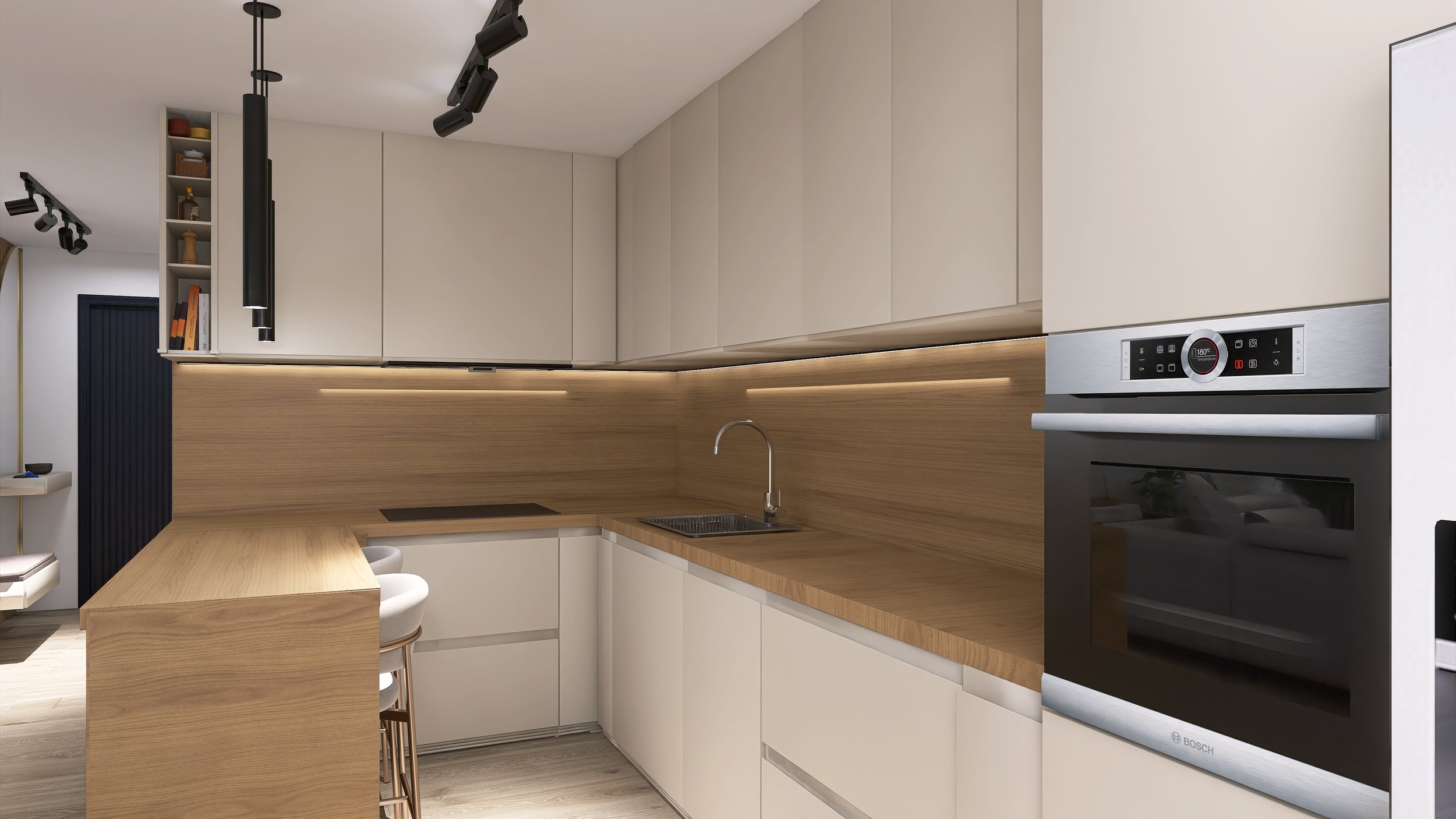 Modern kitchen with white cabinets, light wood countertops, and a built-in Bosch oven, with a small bar area and stools.