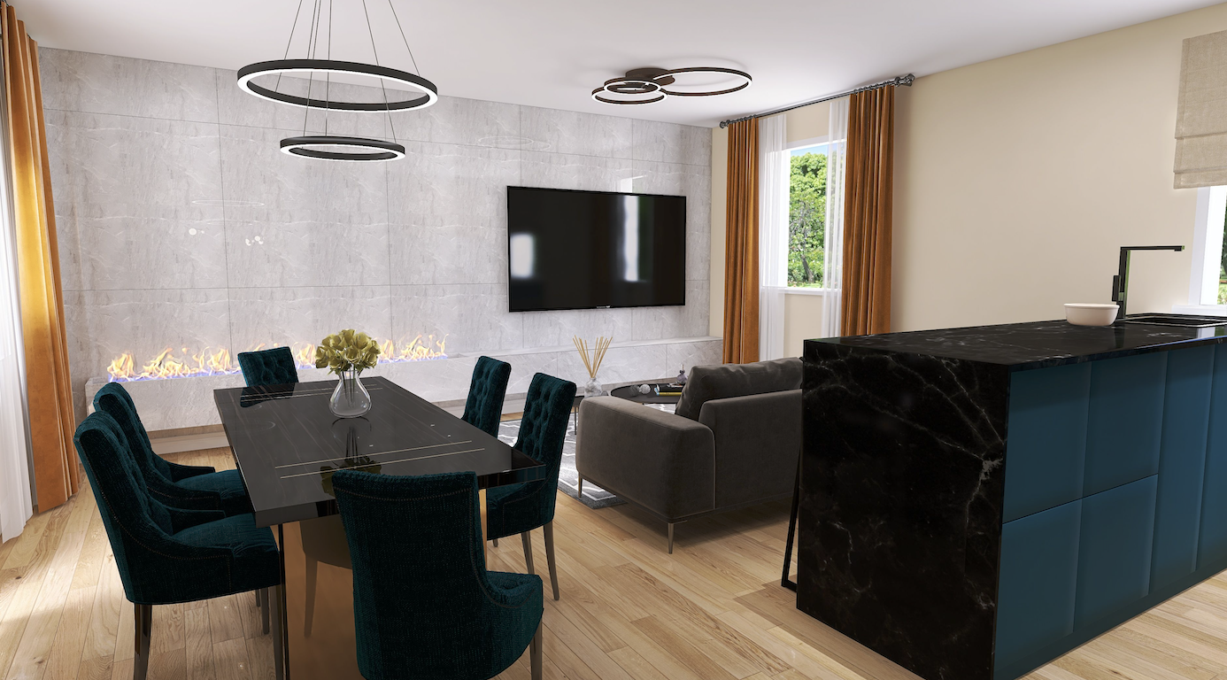 Modern living and dining room with a black dining table surround by blue velvet chairs, a gray sofa, a wall-mounted flat-screen TV, and a fireplace along a white textured wall. Large windows with orange curtains allow natural light, and unique circular ceiling lights hang from the ceiling.