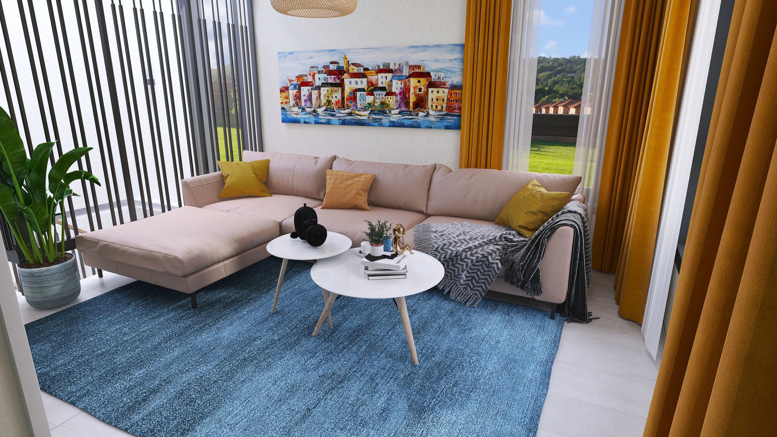 Living room with a beige sectional sofa, yellow throw pillows, a green plant in a pot, two white coffee tables with decorative items, a colorful coastal painting on the wall, and large windows with yellow curtains overlooking a green landscape.