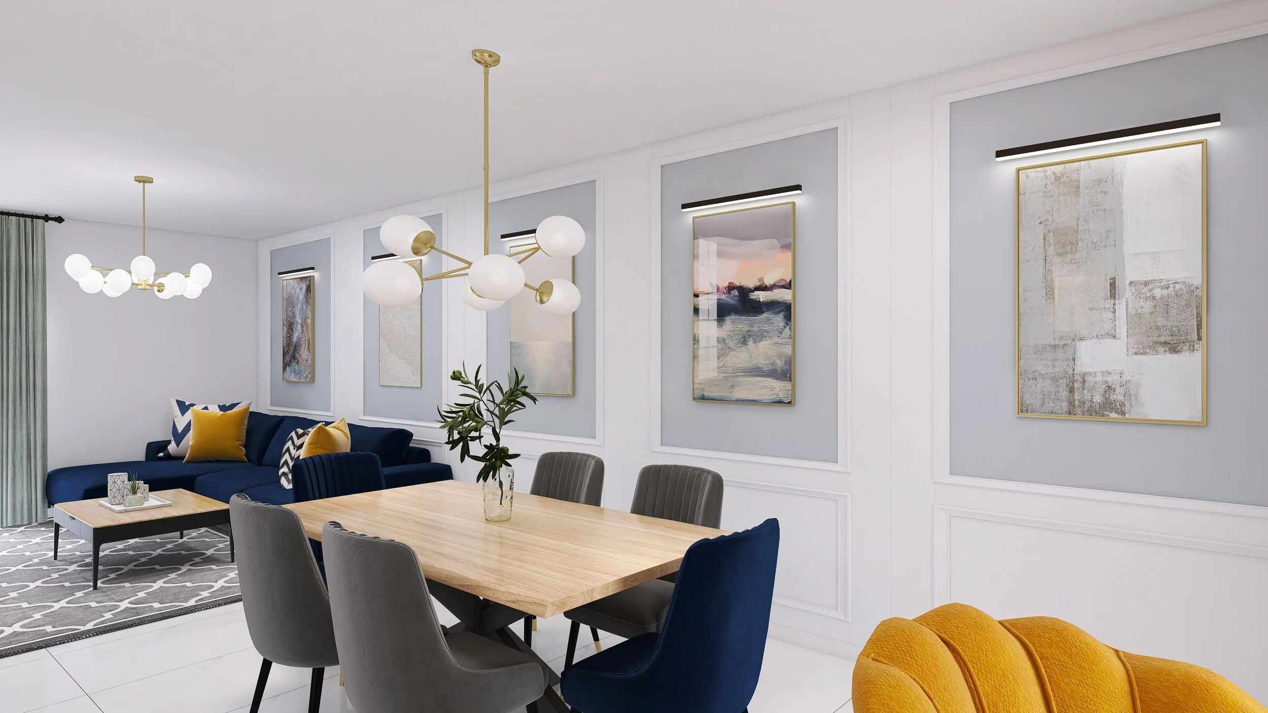 Modern living and dining room with light gray walls, white trim, multicolored abstract art, a wooden dining table with six chairs, a navy blue sofa with yellow and patterned throw pillows, yellow accent chair, contemporary chandeliers, and green curtains.