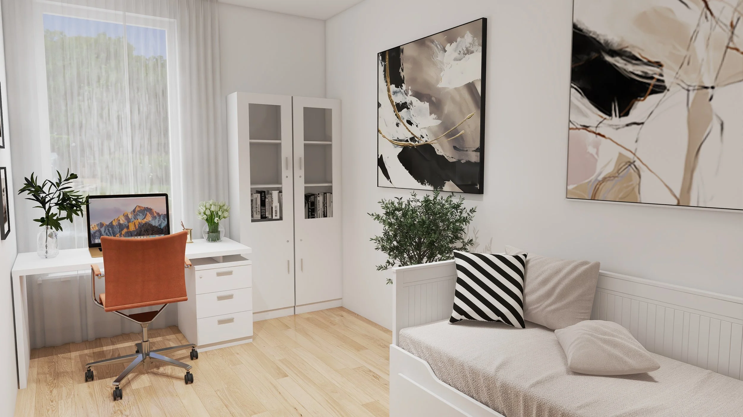 A home office with a white desk, an orange swivel chair, a computer displaying mountain scenery, and a vase with flowers. There is a white cabinet with glass doors, a bed with pillows, and abstract artwork on the walls. Natural light filters through sheer curtains over a window.