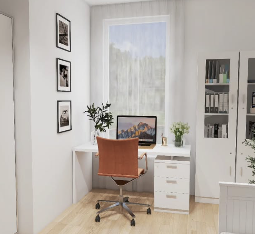 A home office setup with a white desk and an orange swivel chair in front of a large window. The desk has a computer monitor displaying a mountain landscape, a potted plant, and a gold desk lamp. To the right, there's a white bookshelf cabinet with organized folders and books. Three framed black-and-white photos hang vertically on the white wall to the left of the window.