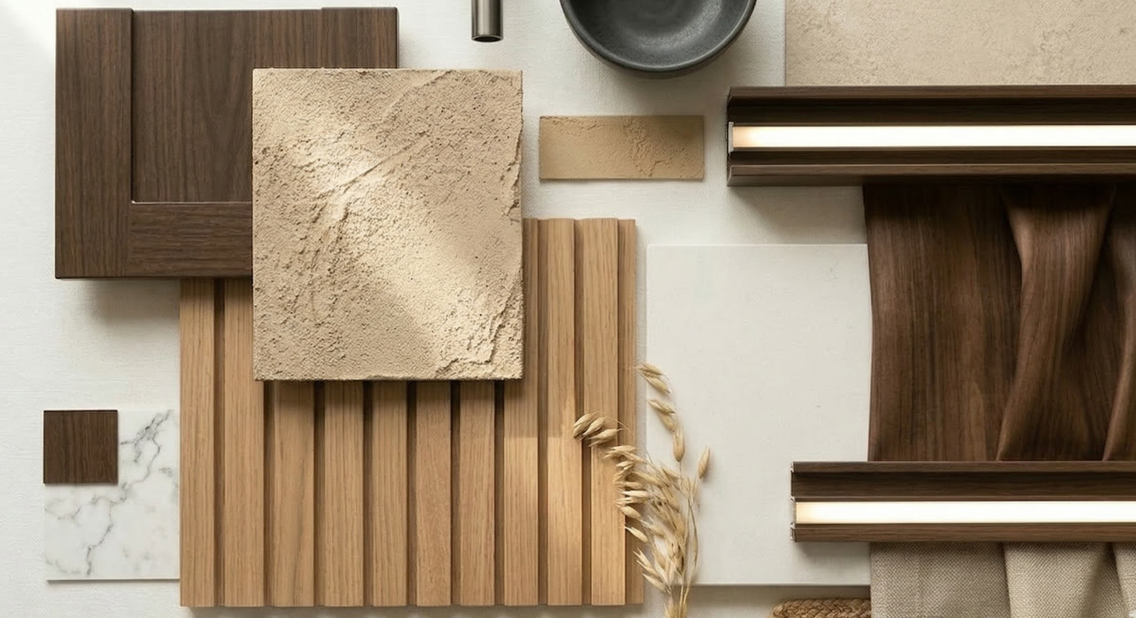 A flat lay of various interior design samples including wood, stone, and fabric textures, with planks, tiles, and drapery, arranged on a neutral background.