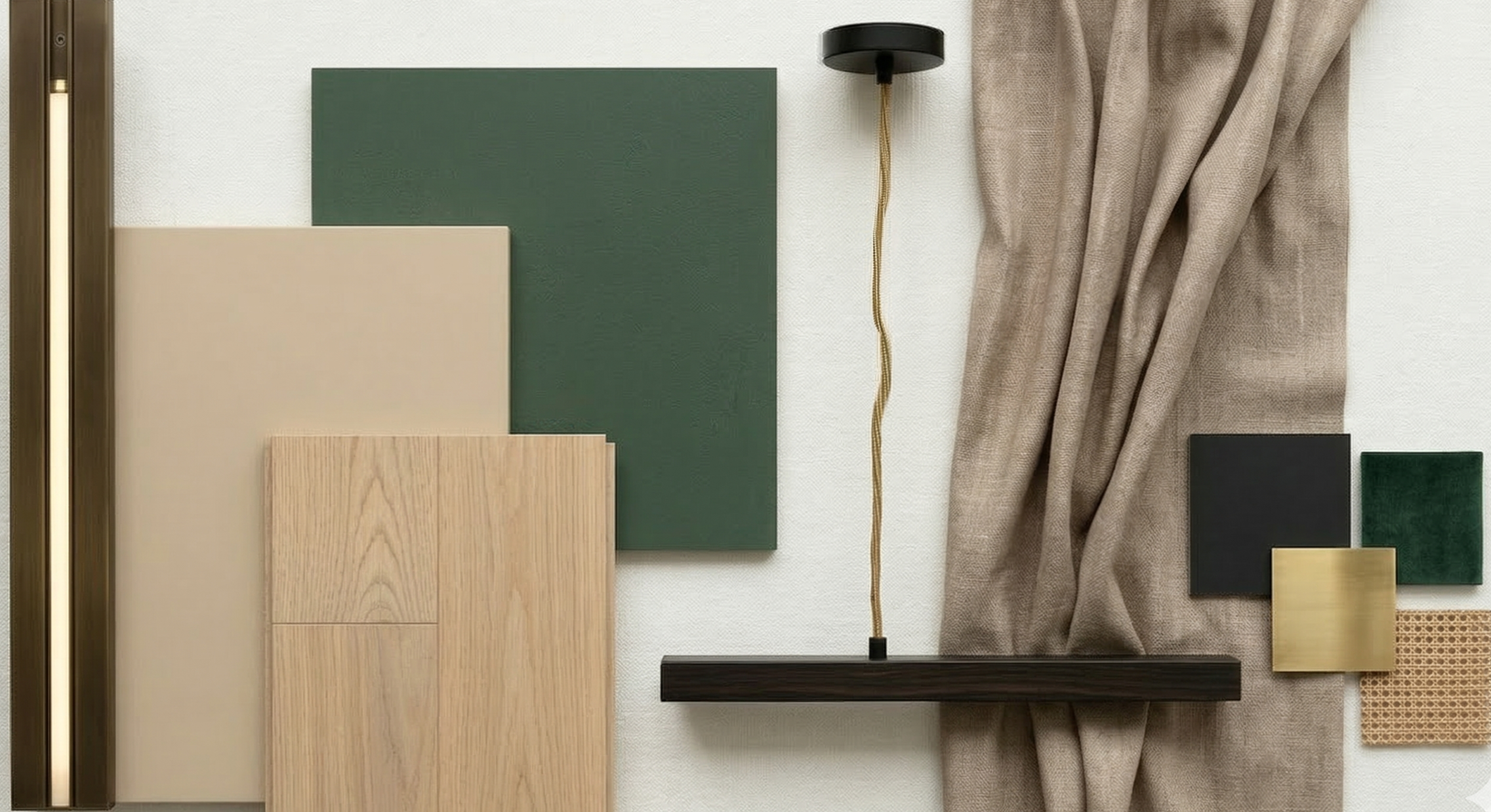 Color and material samples arranged on a flat surface, including painted wood, fabric, and metal swatches, with a curtain, a light fixture, and a wall in the background.