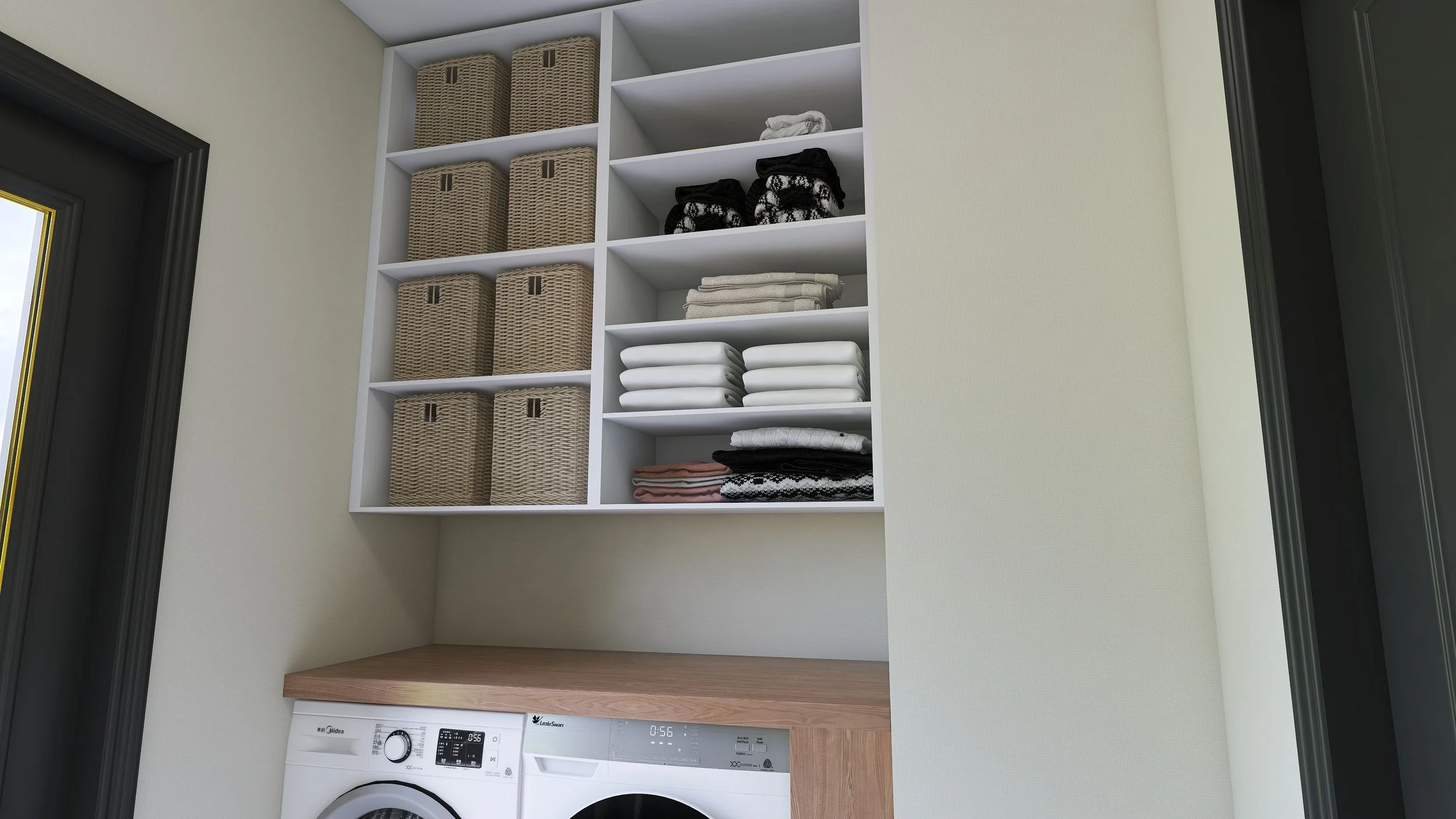 Laundry room with shelves holding wicker baskets, folded towels and clothing, washing machine, and light-colored walls.