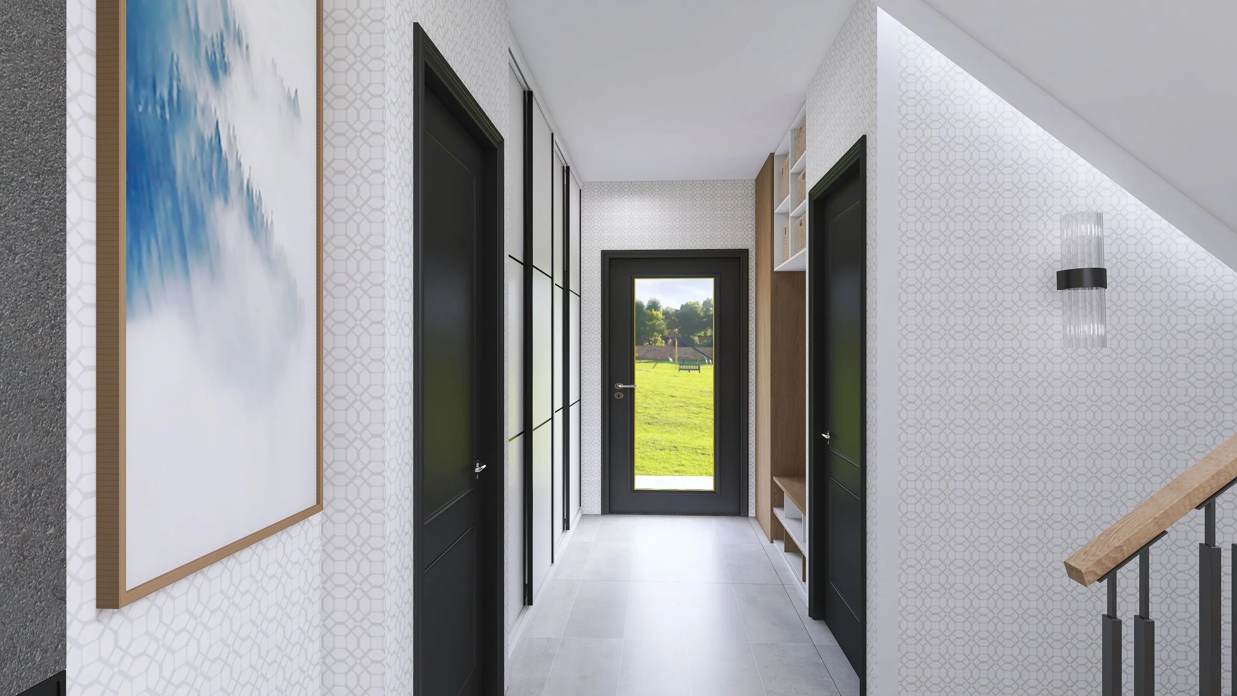 Modern interior hallway with black doors, a closet with white shelves, and a glass door showing a green outdoor area. Light-colored floor tiles and wallpaper with a light geometric pattern. A staircase with a wooden handrail is visible on the right.
