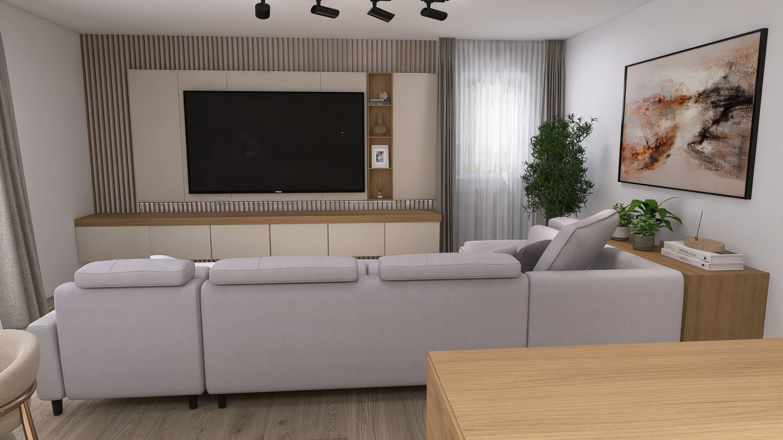 Modern living room with a large flat-screen TV mounted on a wall with wooden slats, a gray sectional sofa, and a wooden sideboard with potted plants, decorative items, and framed artwork.