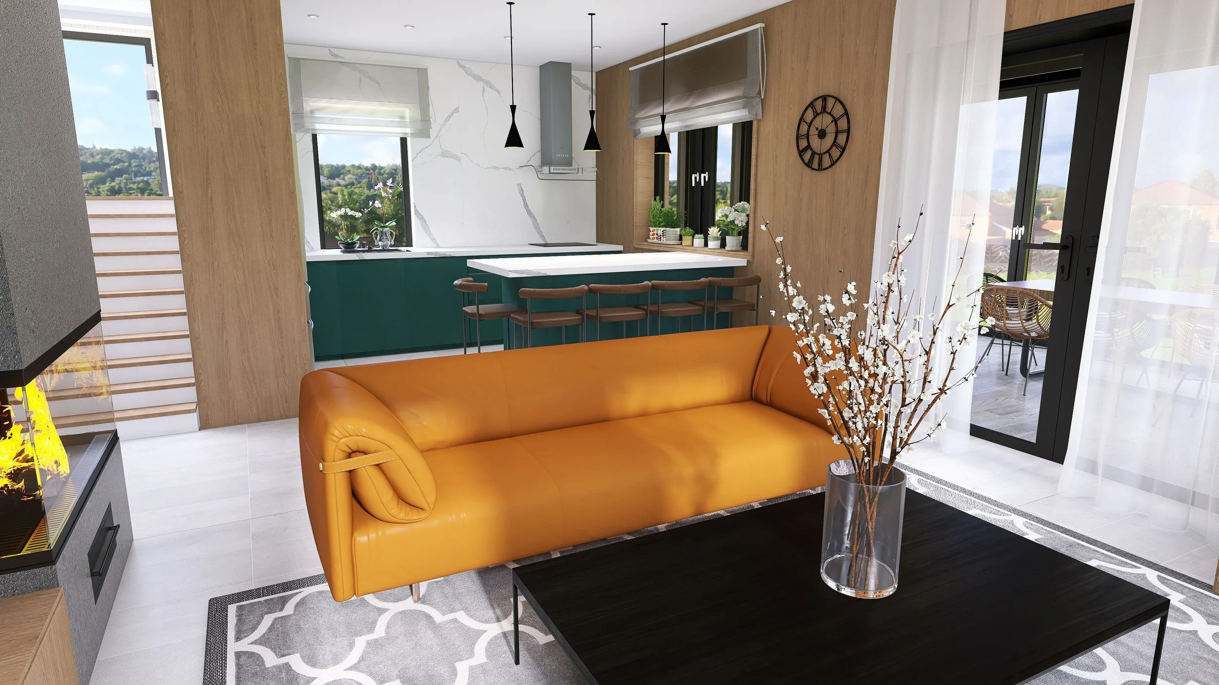 Living room with a yellow leather sofa, black coffee table with a glass vase of white flowers, white tiled floor, and large windows with curtains, leading to a balcony with outdoor seating. The background shows a kitchen with green cabinets, a white marble backsplash, and pendant lights.