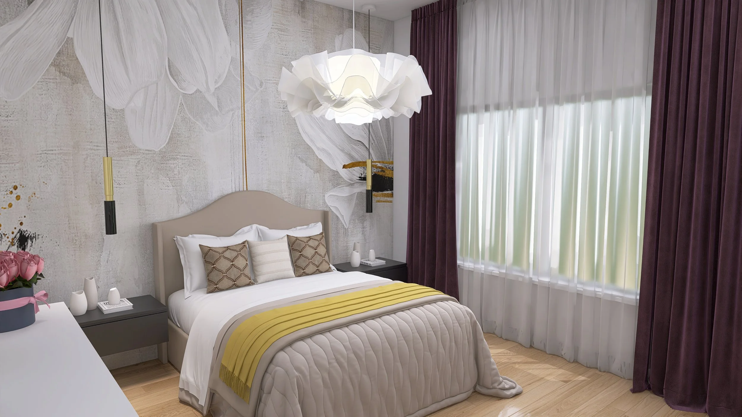 A modern bedroom with a beige upholstered bed, decorative pillows, a yellow throw blanket, two black nightstands with vases, a white floral ceiling light, purple curtains, sheer white curtains, and a textured accent wall with floral design.