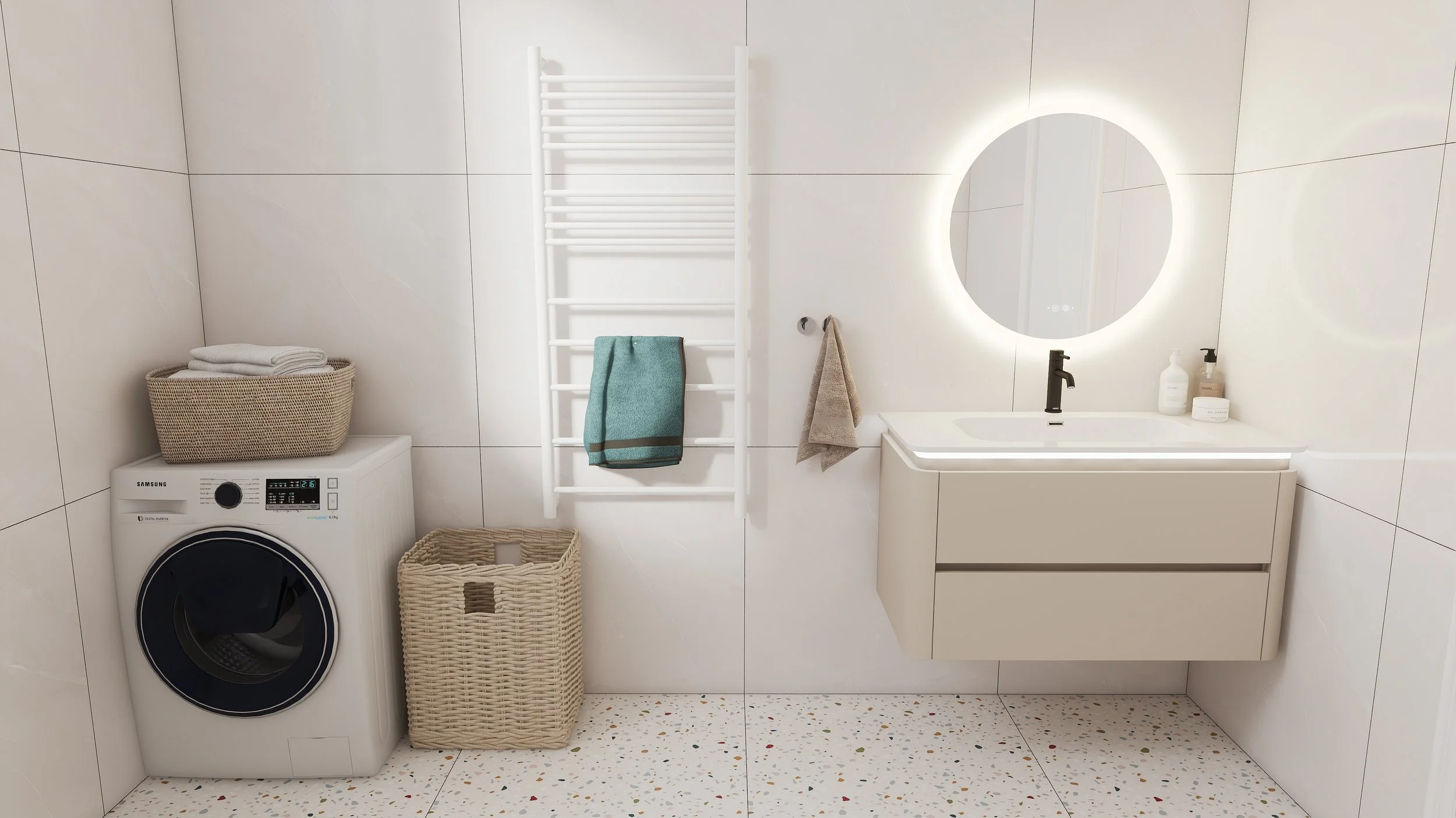 Modern bathroom with white walls, a washing machine, a wicker laundry basket, a white towel warmer with a teal towel, a beige towel hanging, a white floating vanity with a black faucet, a round backlit mirror, and soap dispensers.