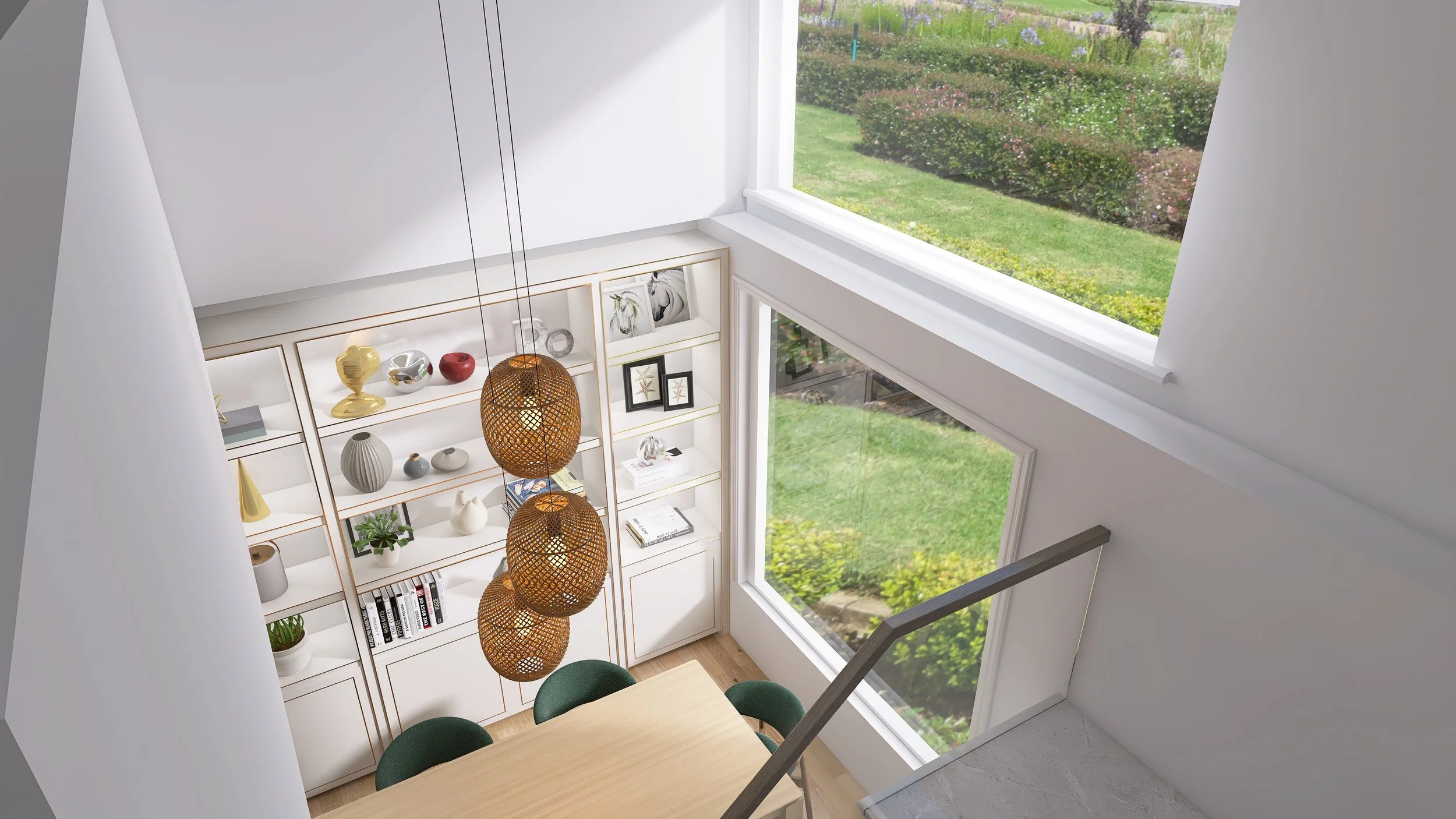 Interior view of a modern dining area with a wooden table, green chairs, and large windows overlooking a garden. A white shelving unit holds decorative vases, books, and artwork. Hanging from the ceiling are three woven pendant lights.