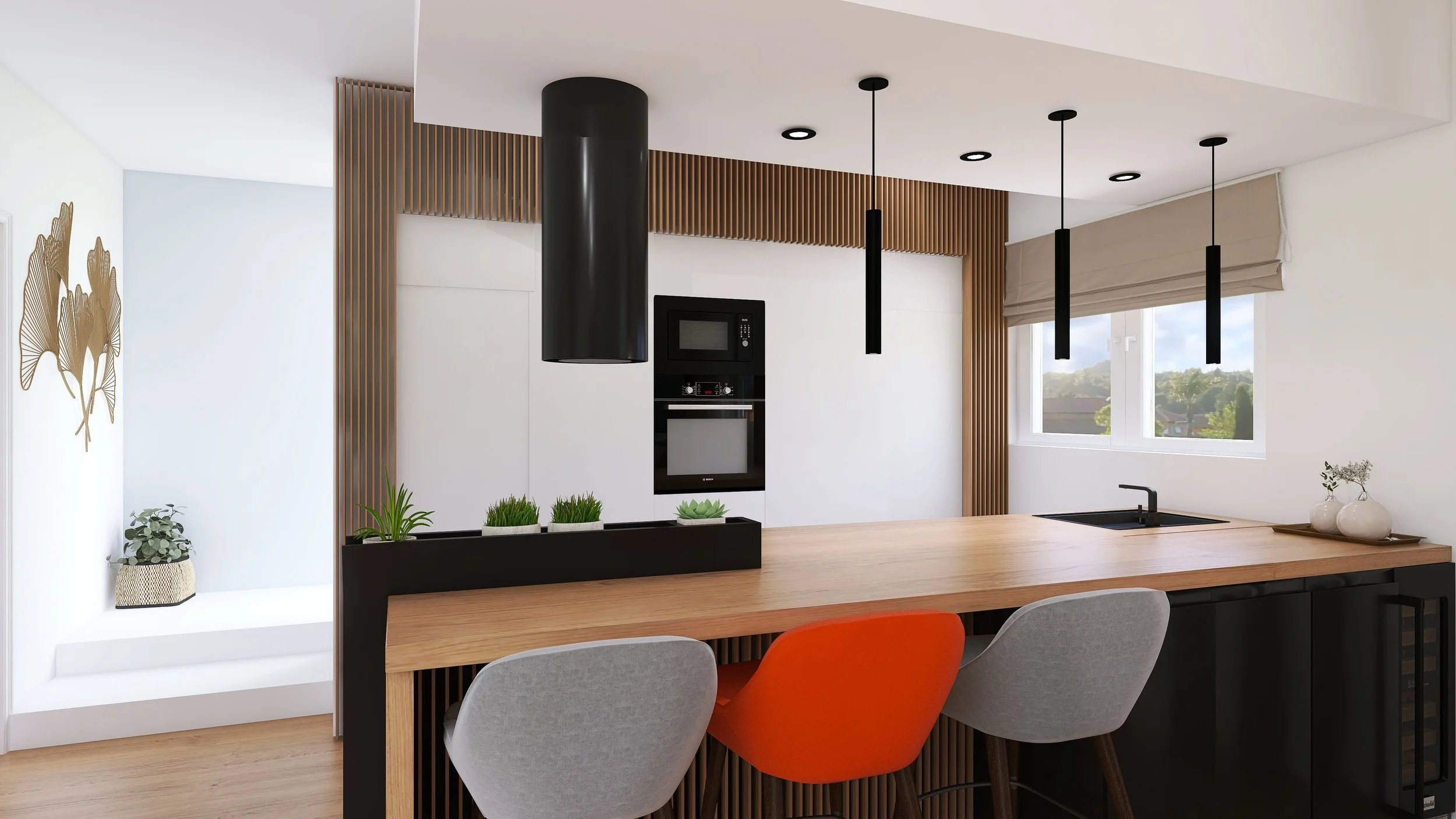 Modern kitchen with a wooden island, three chairs (two light gray and one orange), black cabinets, and built-in appliances. There are three black pendant lights over the island, a window with a beige blind, and decorative plants.