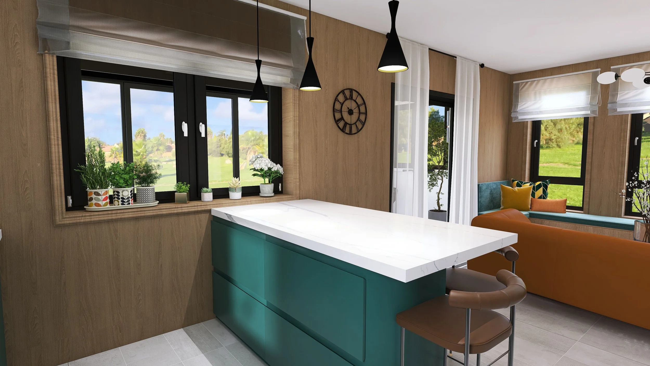 Modern kitchen and living room with black-framed windows, wooden wall panels, white curtains, a teal kitchen island with a marble countertop, hanging black pendant lights, a brown bar stool, a blue sofa with multicolored pillows, and a view of greenery outside.