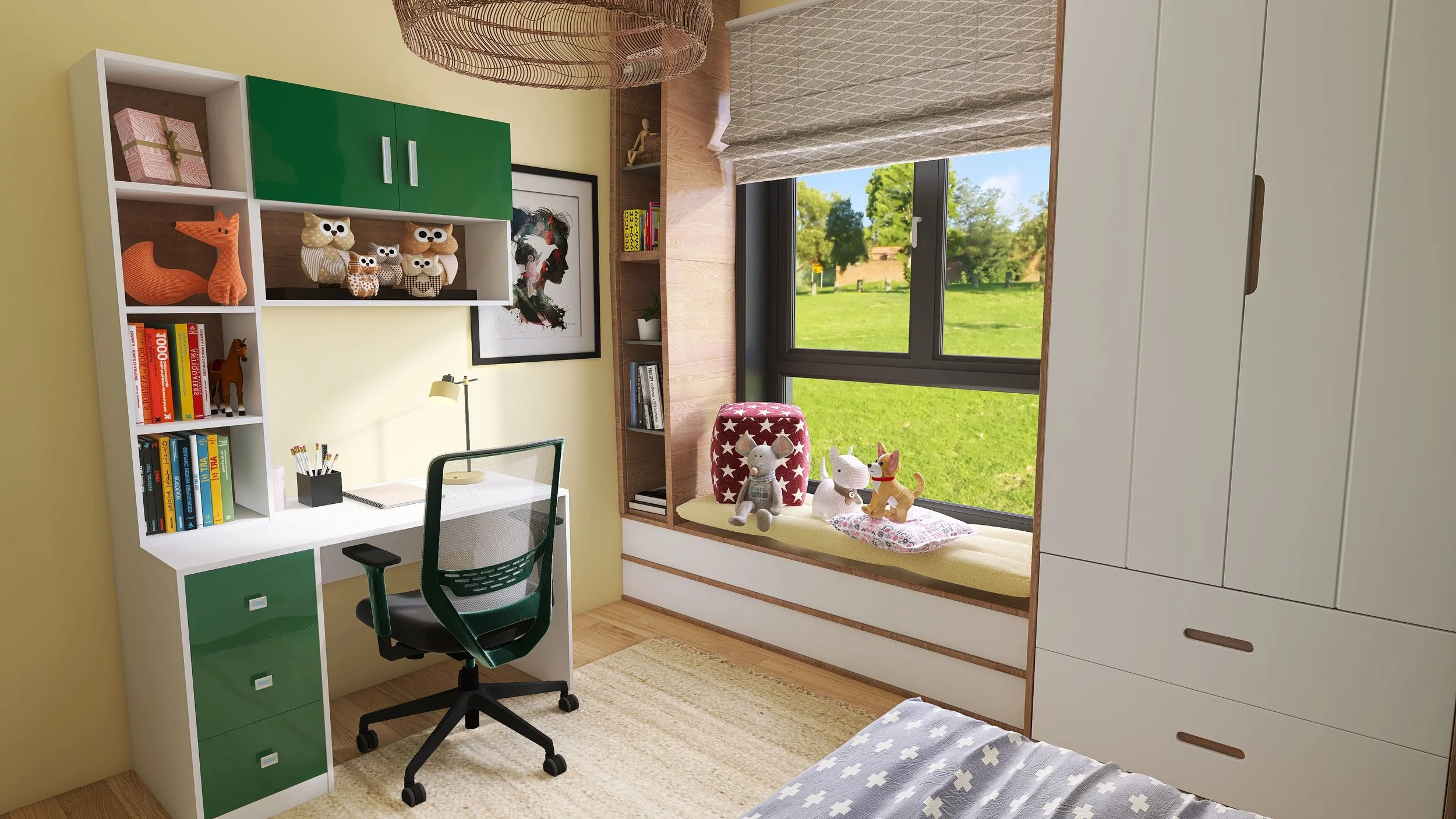 A neatly organized child's bedroom with a white and green desk, a black office chair, shelves with books and stuffed animals, a large window seat with plush toys, and a window showing a green outdoor landscape.
