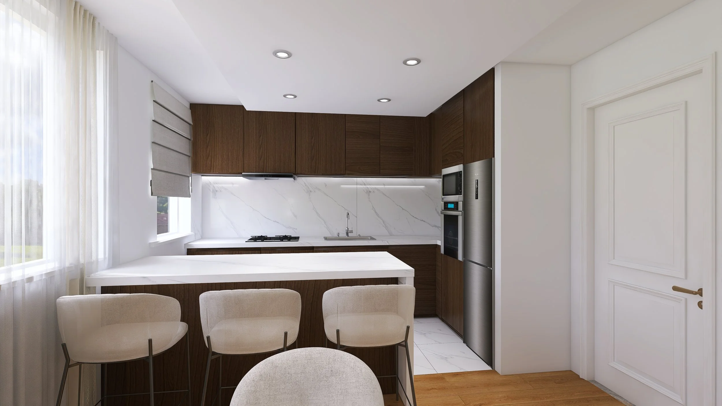Modern kitchen with white marble backsplash, wooden cabinets, stainless steel appliances, and a white countertop island with bar stools.