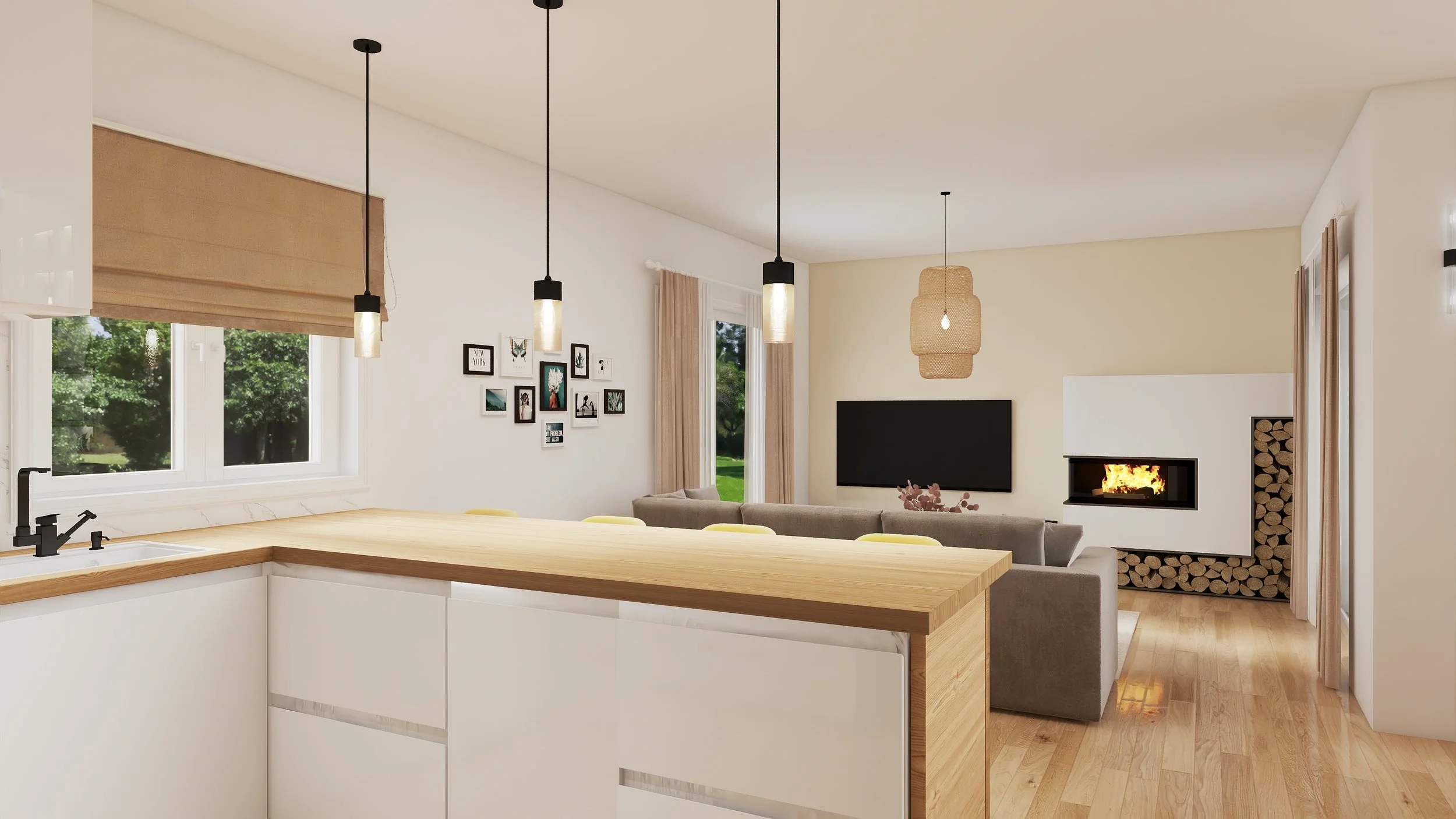 Open-concept living room and kitchen with wooden floors, modern fireplace, large windows, and minimalist decor.