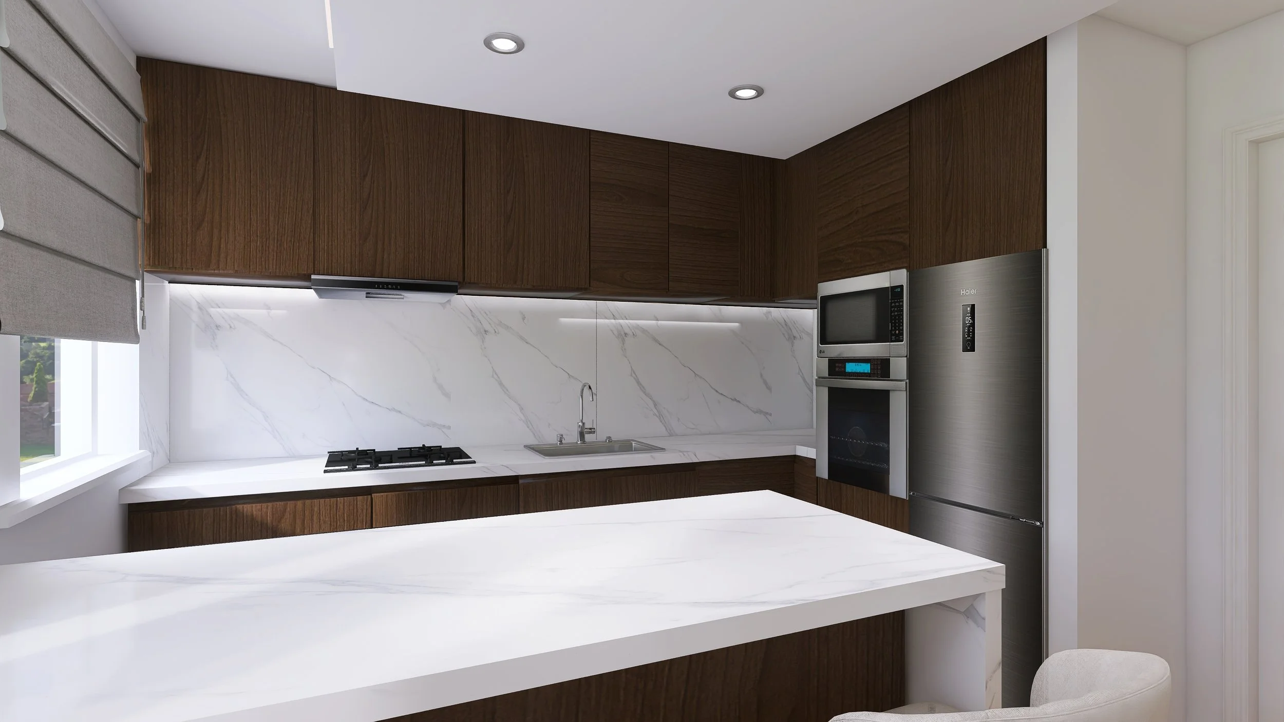 Modern kitchen with wooden cabinets, marble countertops and backsplash, stainless steel appliances, and a window with a gray Roman shade.