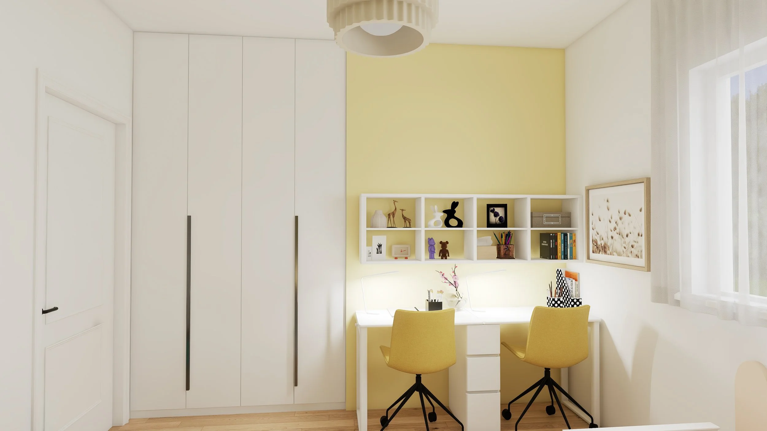 A small home office with a white desk, two yellow chairs, a white wall shelf with decorative items, a large window with white curtains, and a white wardrobe on the left. The wall behind the desk is painted yellow.