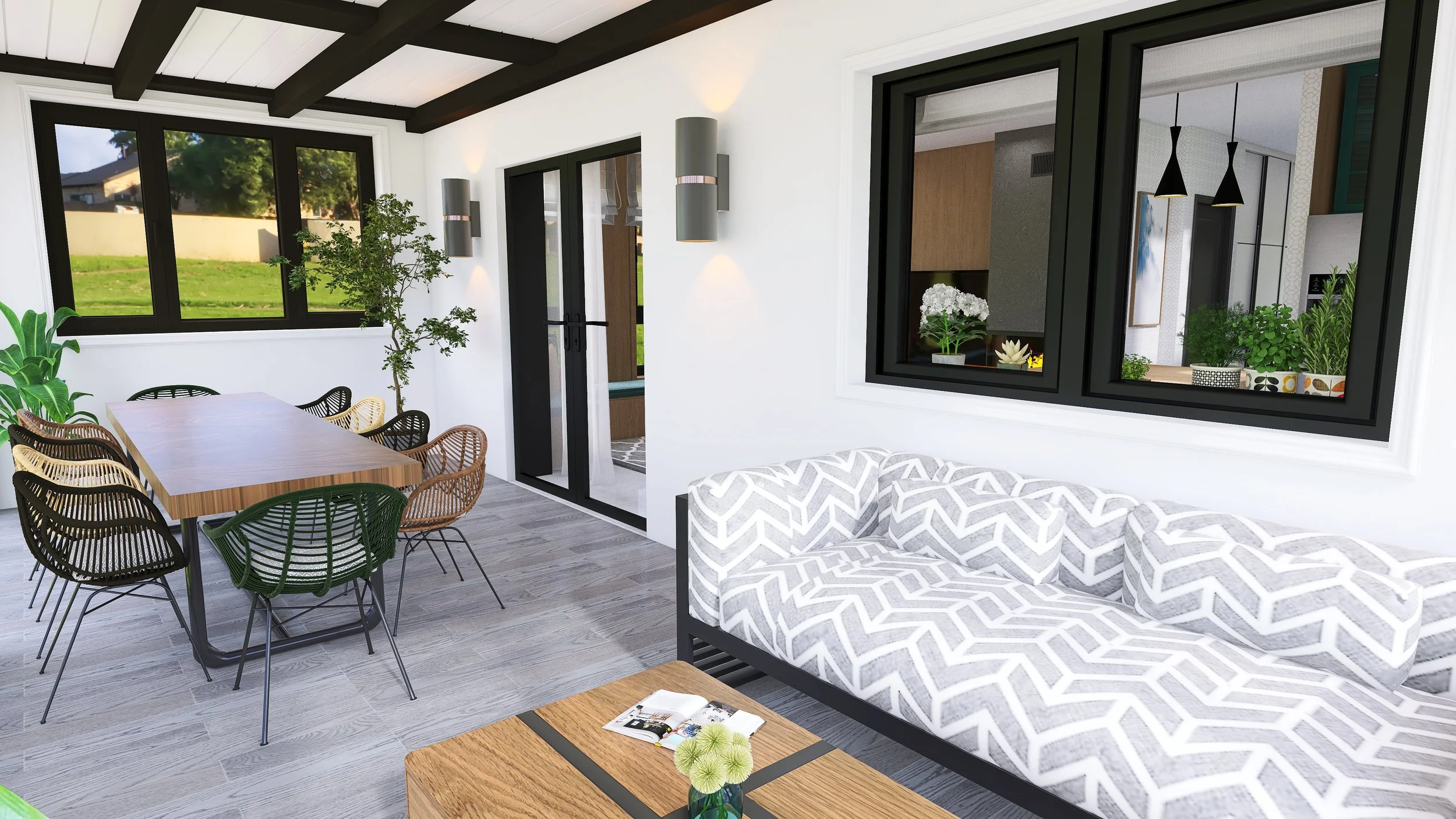 Living room and dining area with large windows, a white patterned sofa, wooden coffee table, dining table with mixed-color chairs, potted plants, and modern wall-mounted lights.