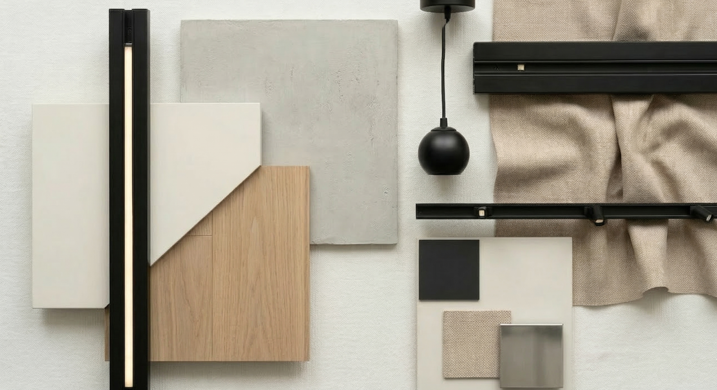 Flat lay of various interior design materials including wood, fabric, concrete, metal, and black accents with a fabric drape in the background.