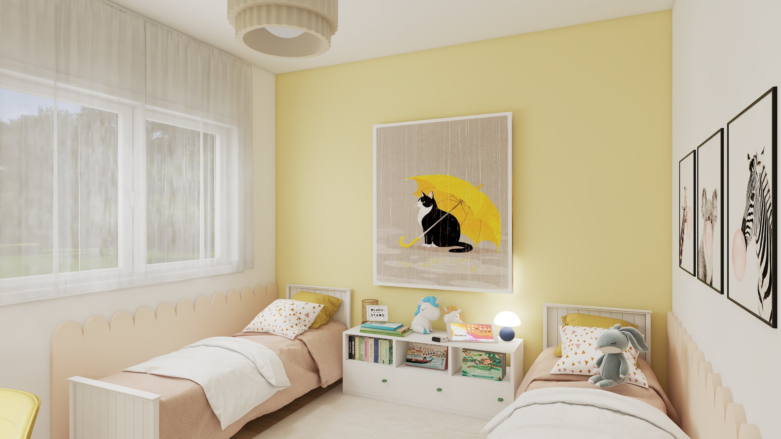 A bright children's bedroom with two single beds, a window with sheer curtains, and colorful artwork on the walls. The beds have stuffed animals and patterned pillows, and a white bookshelf holds books and toys.