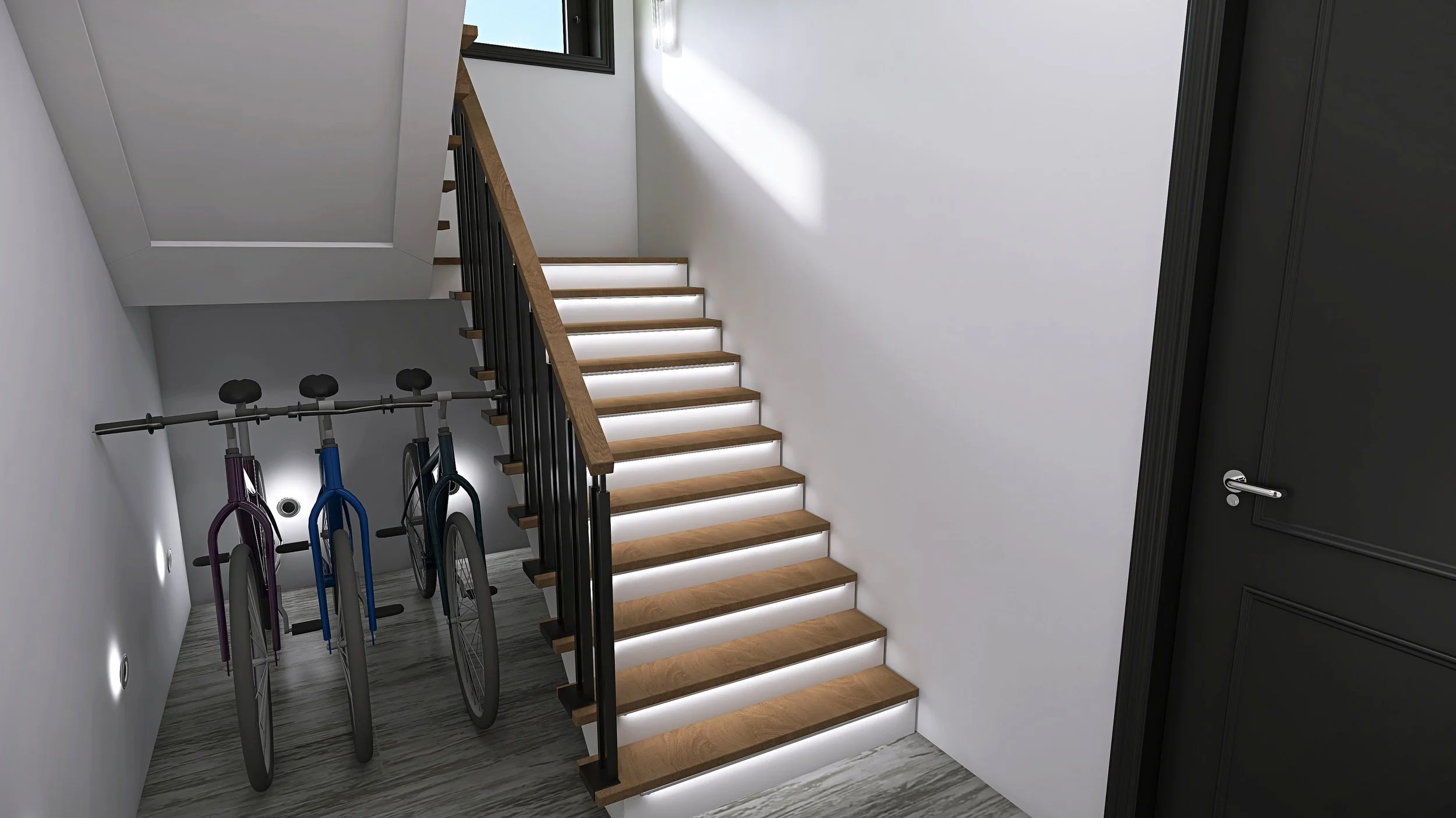 Interior view of a modern house staircase with wooden steps and black railing, adjacent to a bicycle storage area with bikes, and a white wall with minimal lighting.