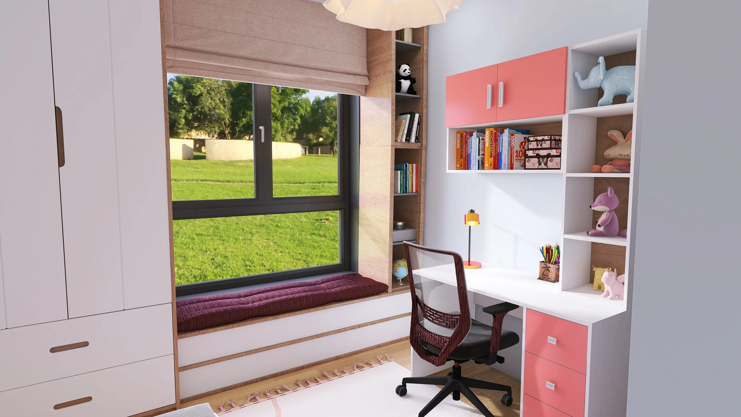 A bright child's bedroom with a large window overlooking green grass and trees. The room features a white desk with pink drawers, a black and red office chair, and plush toys on open shelves above the desk. A cozy window seat with a maroon cushion is beneath the window, and a small globe and globe-shaped light are on the window sill.