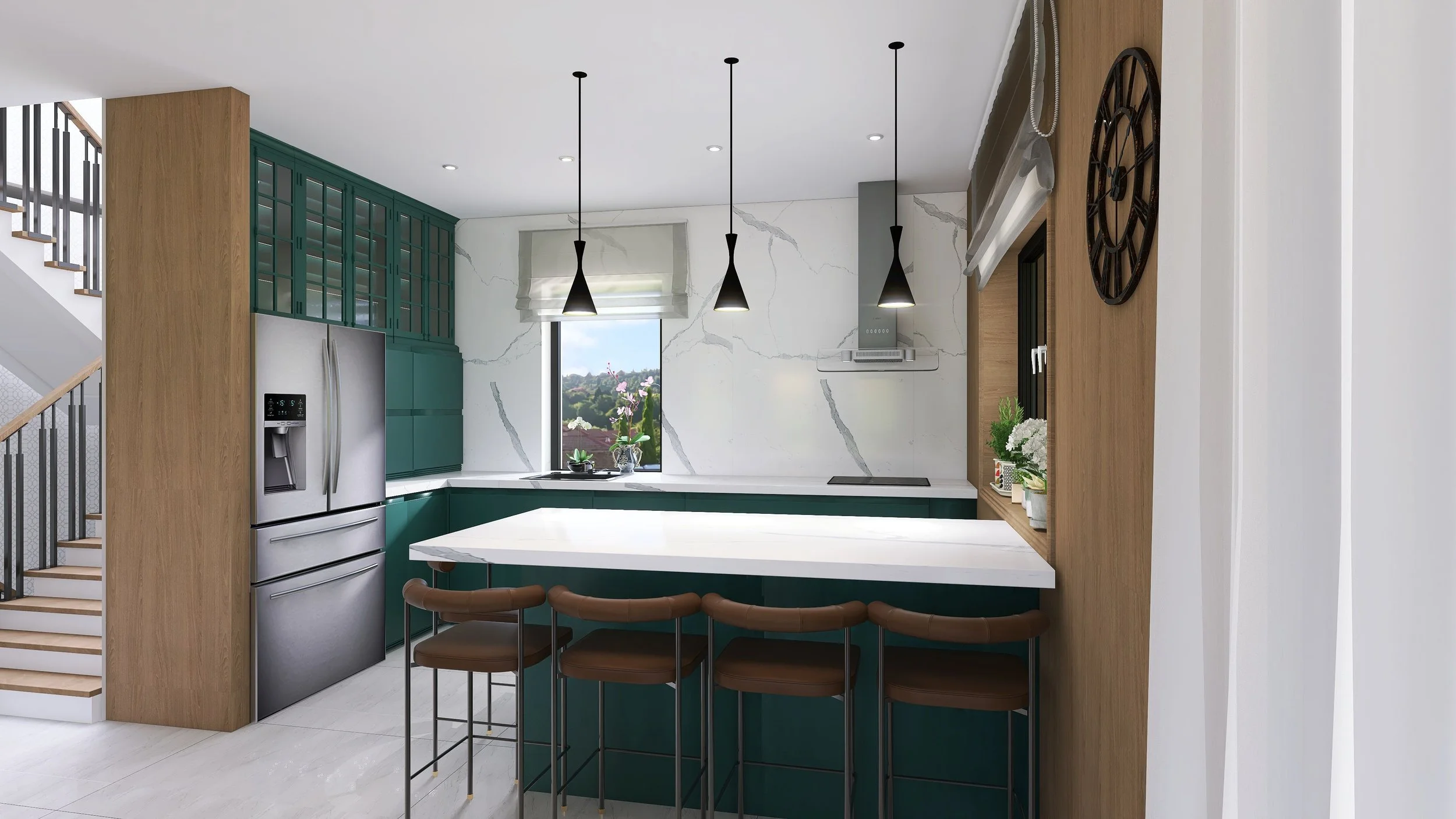 Modern kitchen with green cabinets, marble countertops, a stainless steel refrigerator, a window with a view, black pendant lights, and a bar with four brown chairs.