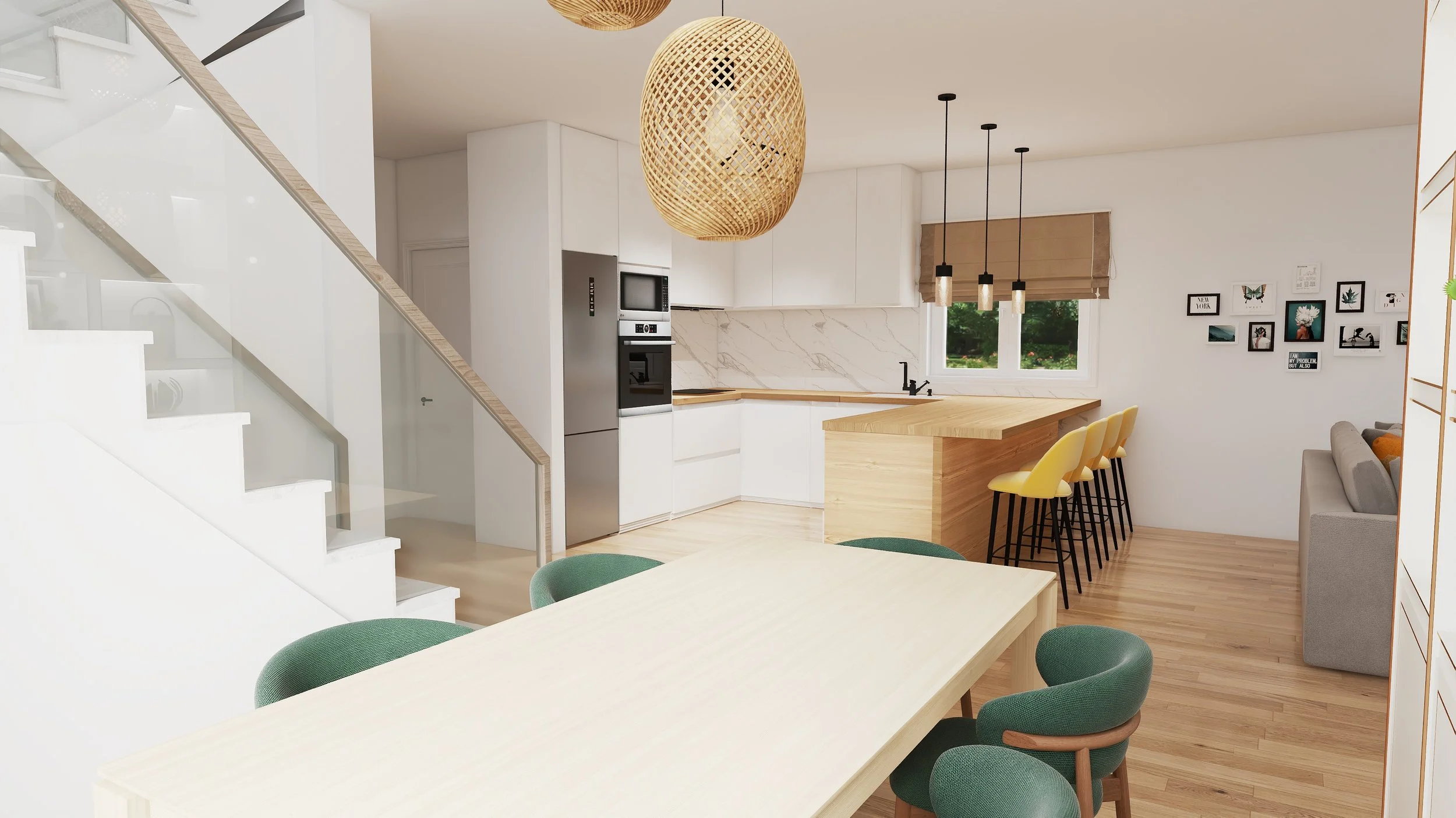 Modern open-concept kitchen and dining area with light wood flooring, white cabinetry, marble backsplash, and a breakfast bar with yellow chairs. A staircase with glass railing is visible on the left. The kitchen features a gray refrigerator, built-in oven, and large window with blinds. Hanging pendant lights illuminate the space. To the right, a living area with a gray sofa and picture gallery wall is partially visible.