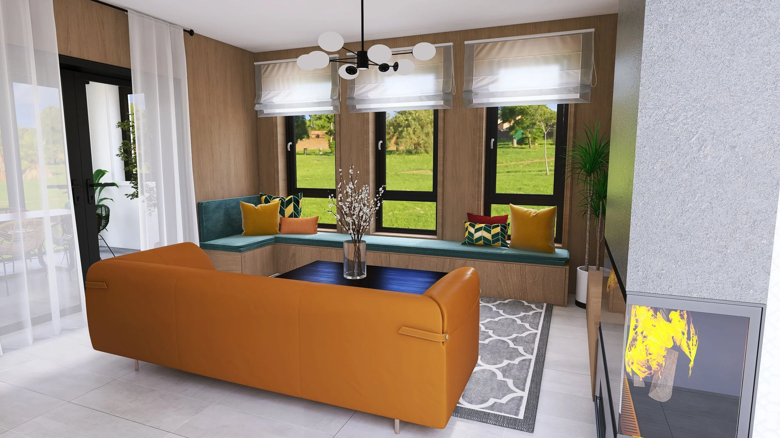 Modern living room with large windows showing outdoor greenery, mustard and teal cushions, a yellow leather sofa, a coffee table with a vase of white flowers, and a decorative pendant light.