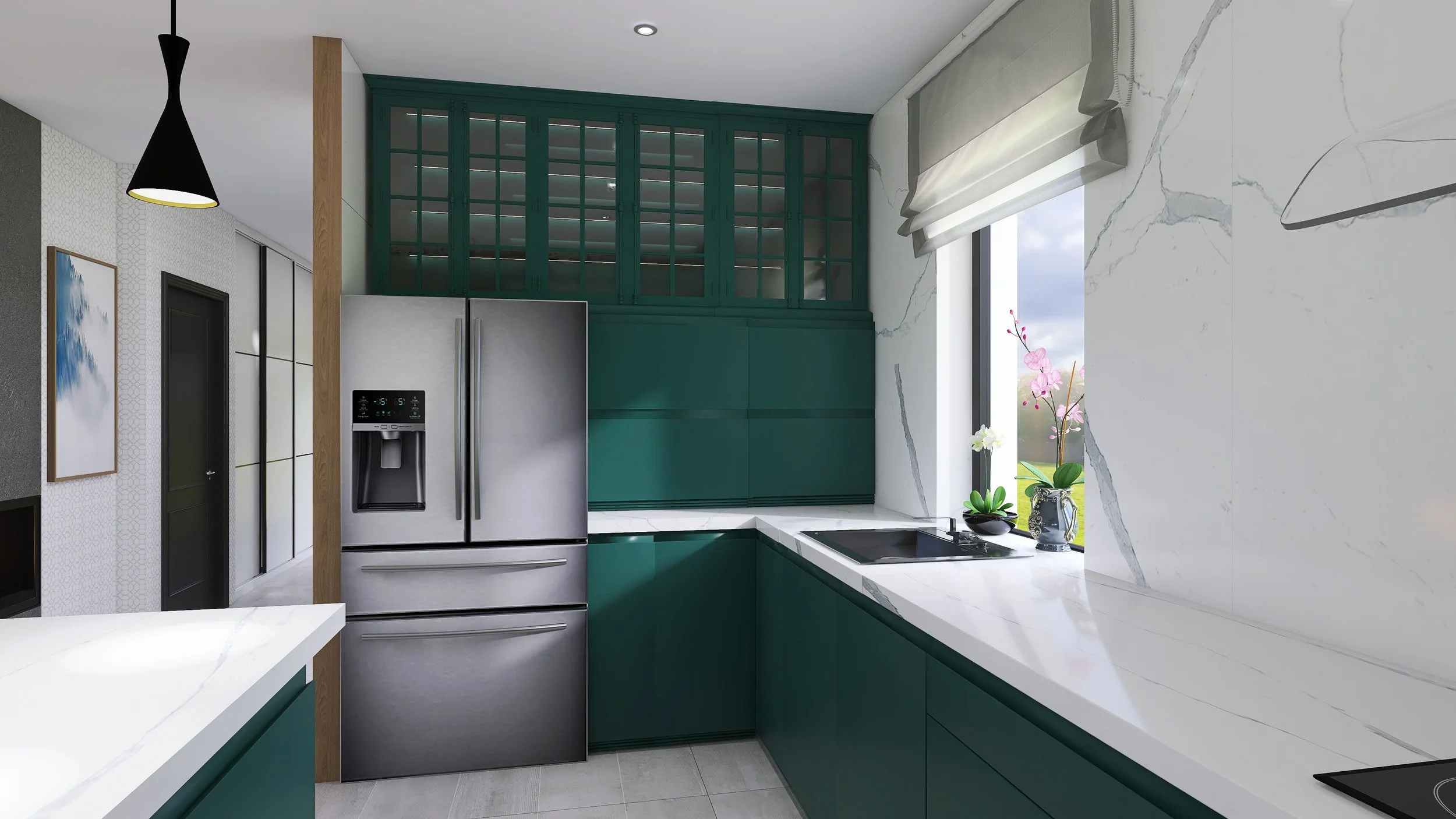 Kitchen with dark green cabinets, white marble countertops, a window with a roller blind, stainless steel refrigerator, and a potted plant with pink flowers by the window.