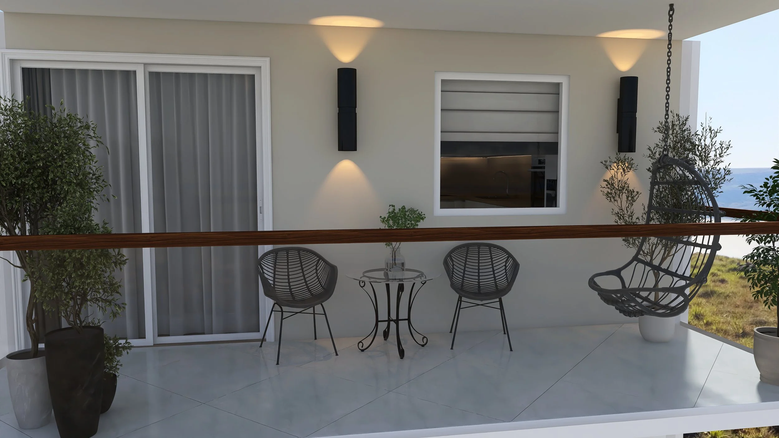 Balcony with two black chairs, a small round glass table, and hanging egg chair with potted plants, sliding glass door, window, and wall-mounted lights.