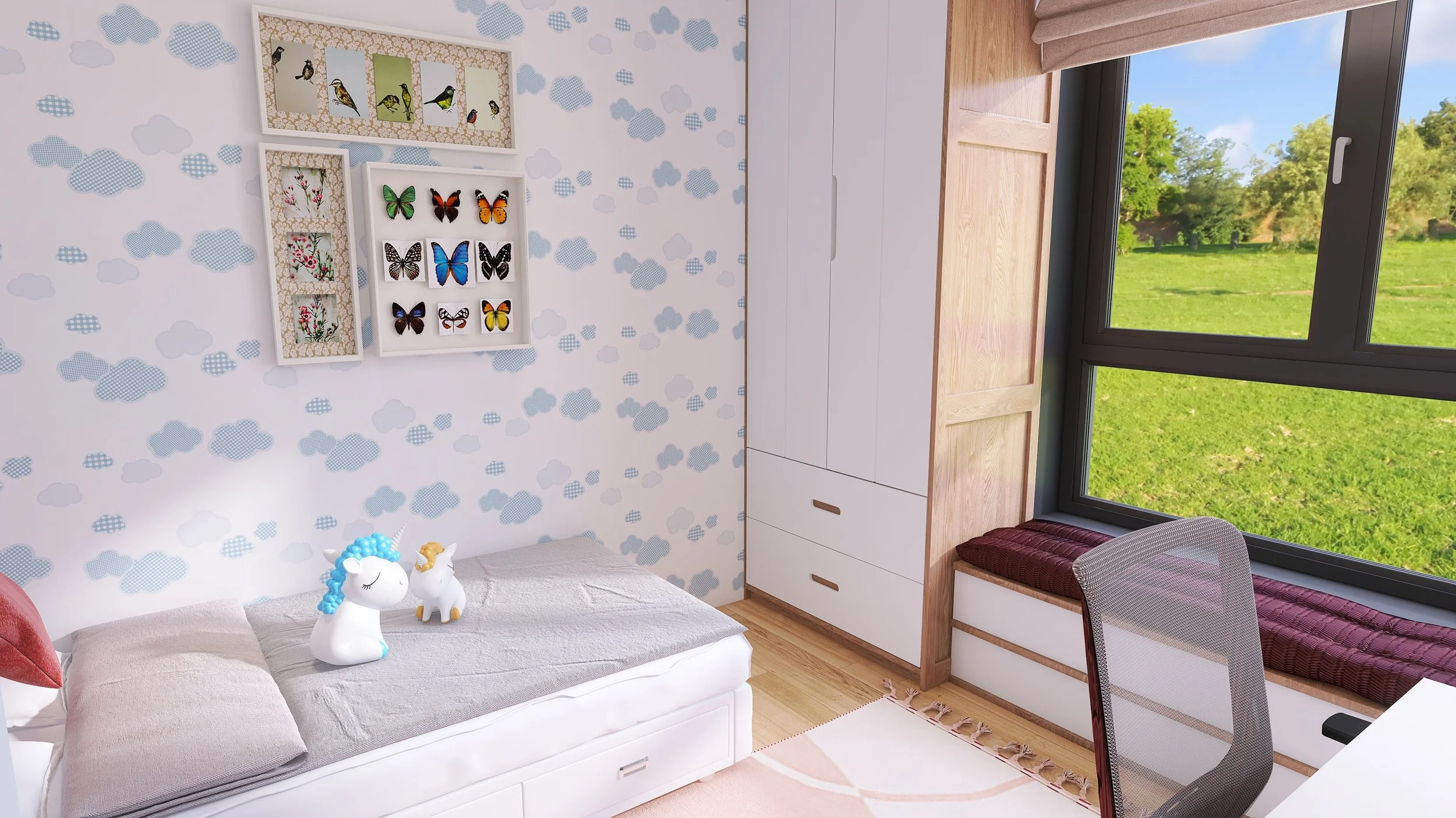 Child's bedroom with cloud-patterned wallpaper, framed butterfly and bird artwork, a bed with stuffed unicorn and unicorn figurine, white wardrobe, window seat with red cushion, and a mesh office chair.