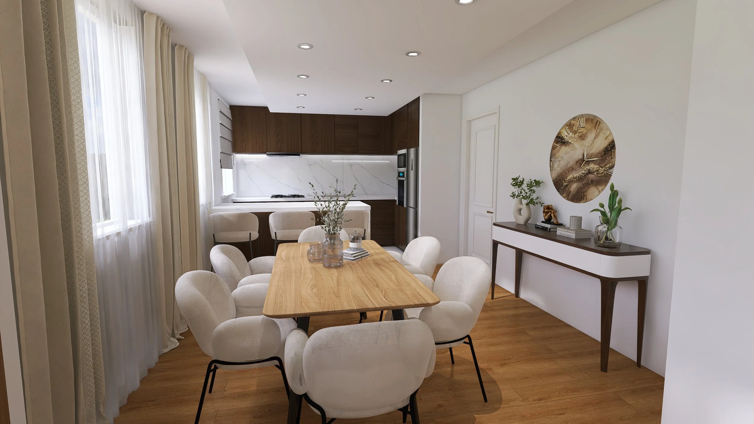 Modern dining room with wooden table, eight white chairs, decorative vases, and a sideboard with plants and art on the wall.