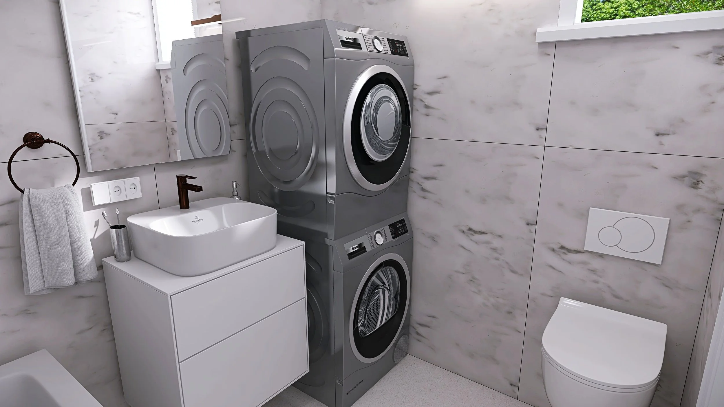 Modern bathroom with stacked washing machine and dryer, white sink with black faucet, mirror, towel, wall outlets, toilet, and marble walls.