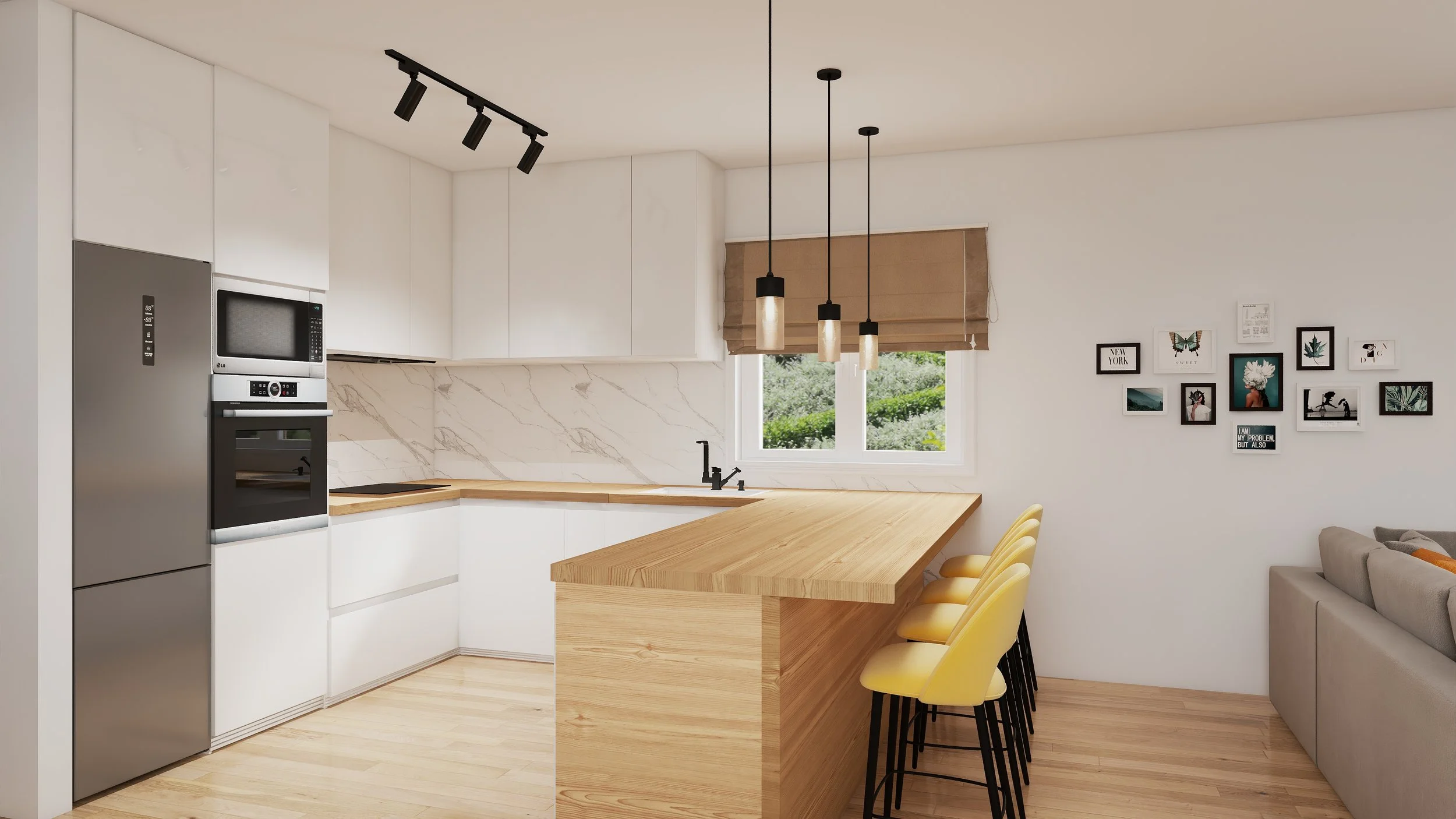 Modern kitchen with white cabinets, marble backsplash, wooden countertop, yellow bar stools, and black pendant lights.