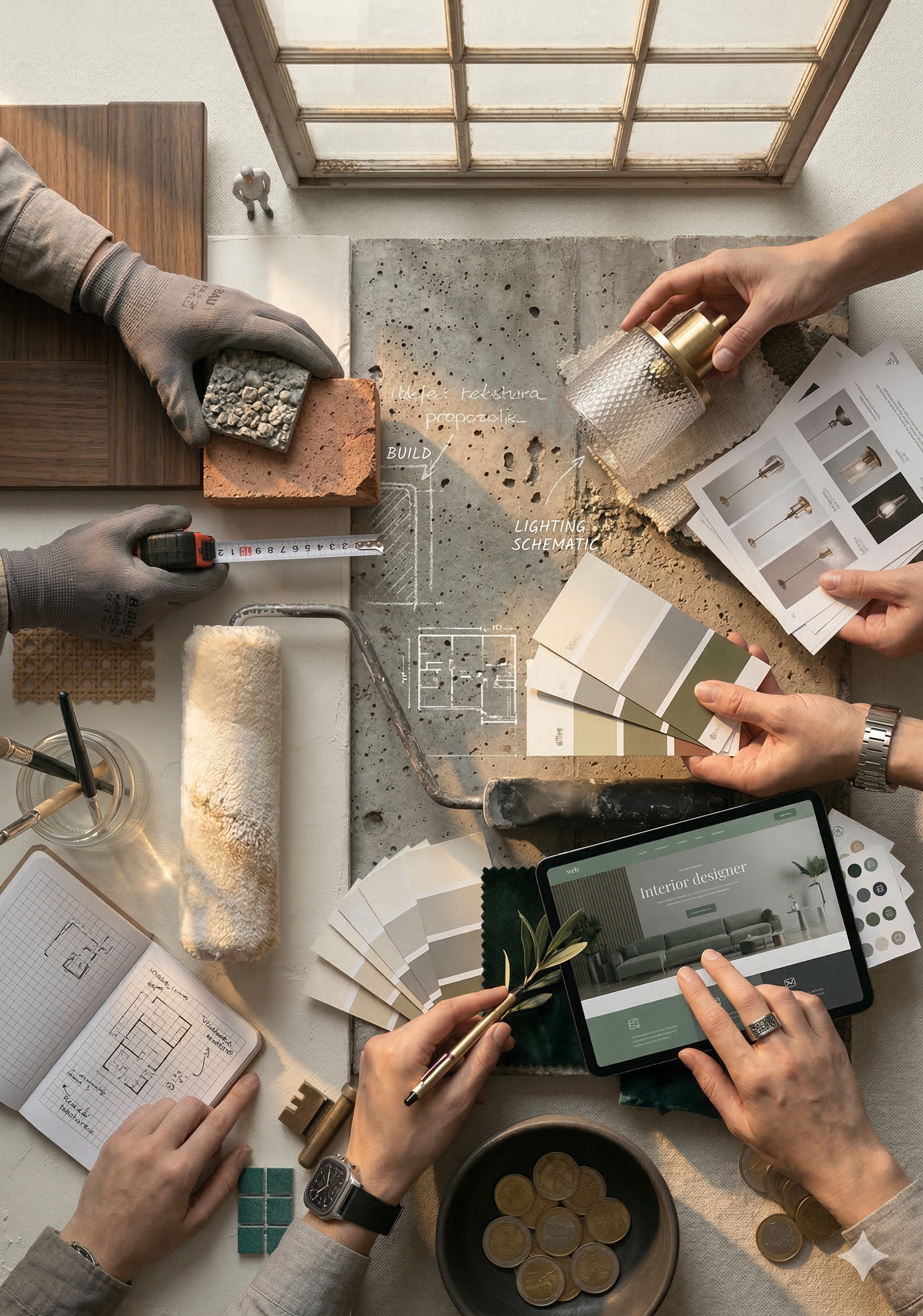 Overhead view of a design workspace with various materials, swatches, and tools. Two people are working on an interior design project, discussing paint colors, lighting, and layout with printed and digital samples.