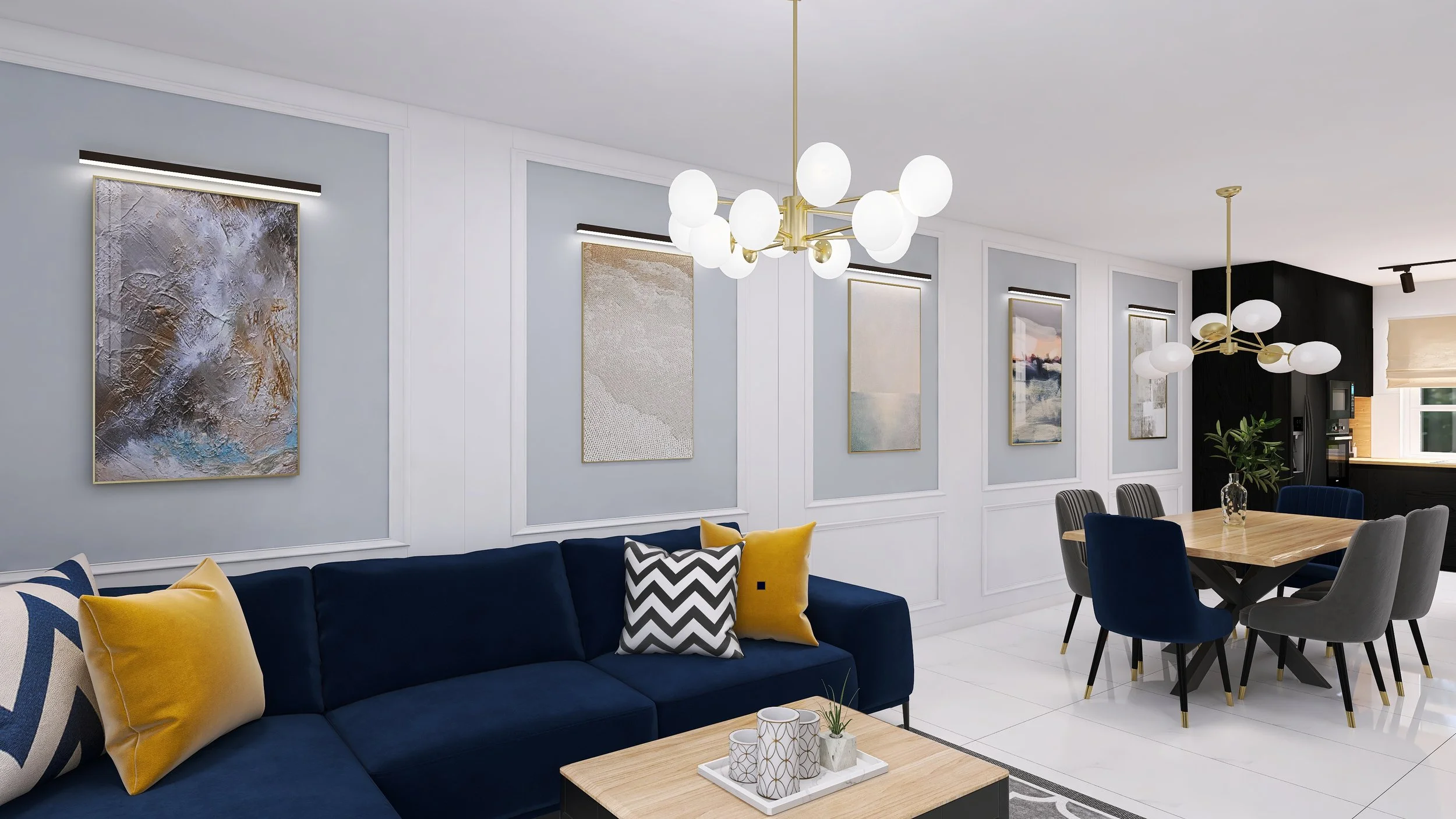 Modern living room and dining area with abstract wall art, navy and gray sofas with colorful pillows, a wooden table with decorative items, and contemporary chandeliers.