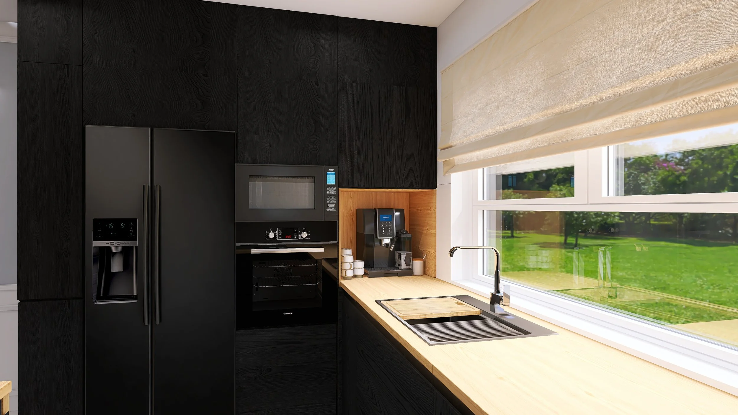 Modern kitchen with black cabinets, a black refrigerator with an ice and water dispenser, a built-in microwave, an oven, a coffee maker on a light wood countertop, and large windows with cream-colored blinds overlooking a green yard.